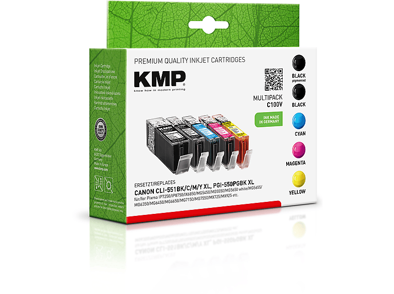 KMP Tintenpatrone für Canon PGI550PGBKXL, CLI551CXL Multipack Ink Cartridge schwarz, cyan, magenta, yellow (6431B001, 6443B001, 6444B001, 6445B001, 6446B001)