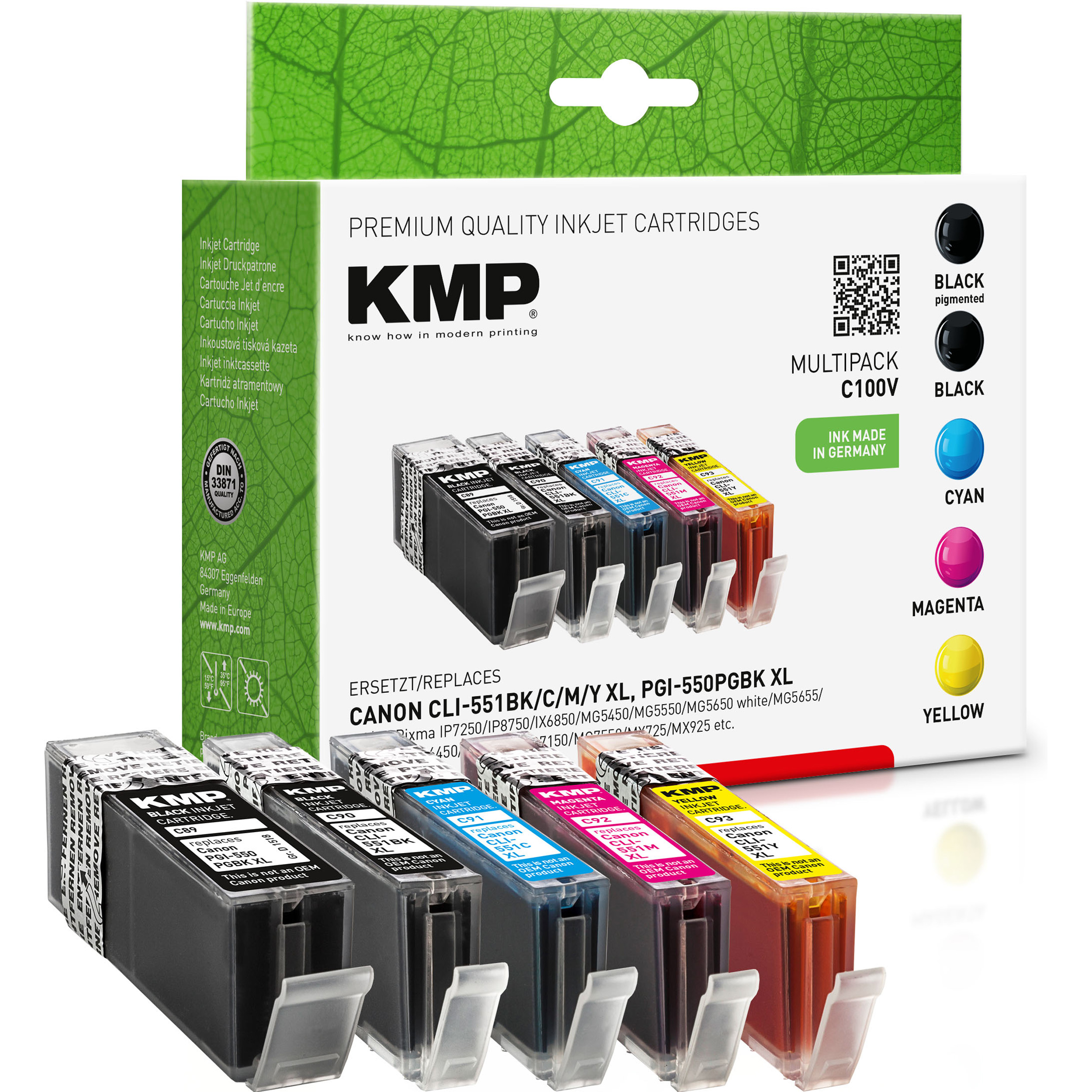 KMP Tintenpatrone für Multipack Ink 6443B001, 6446B001) cyan, magenta, 6444B001, CLI551CXL (6431B001, schwarz, Canon PGI550PGBKXL, yellow 6445B001, Cartridge