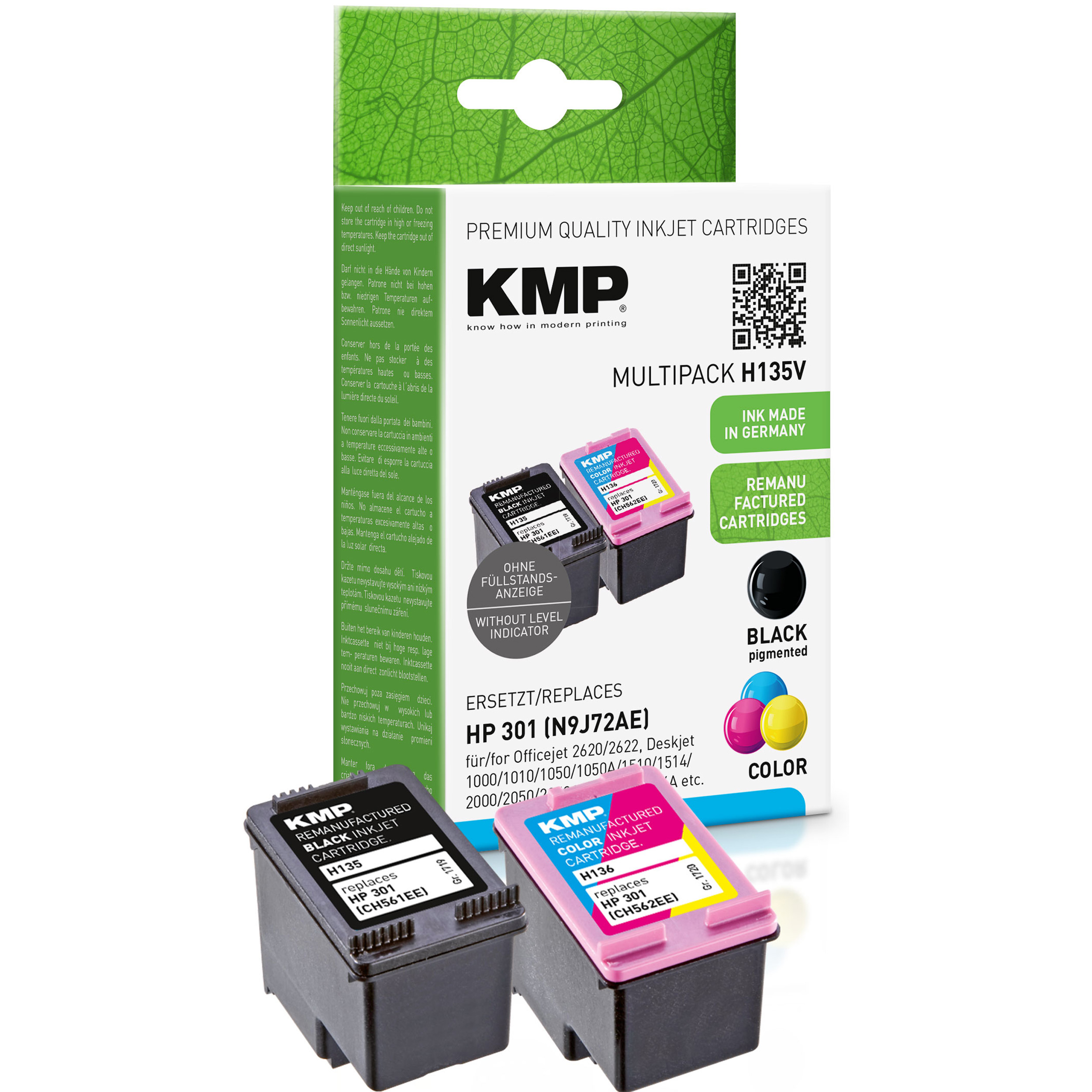 KMP Tintenpatrone für HP 301 Multipack 3-farbig Cartridge schwarz, Ink CH562EE) (CH561EE, CH562EE) (CH561EE, BK,C,M,Y
