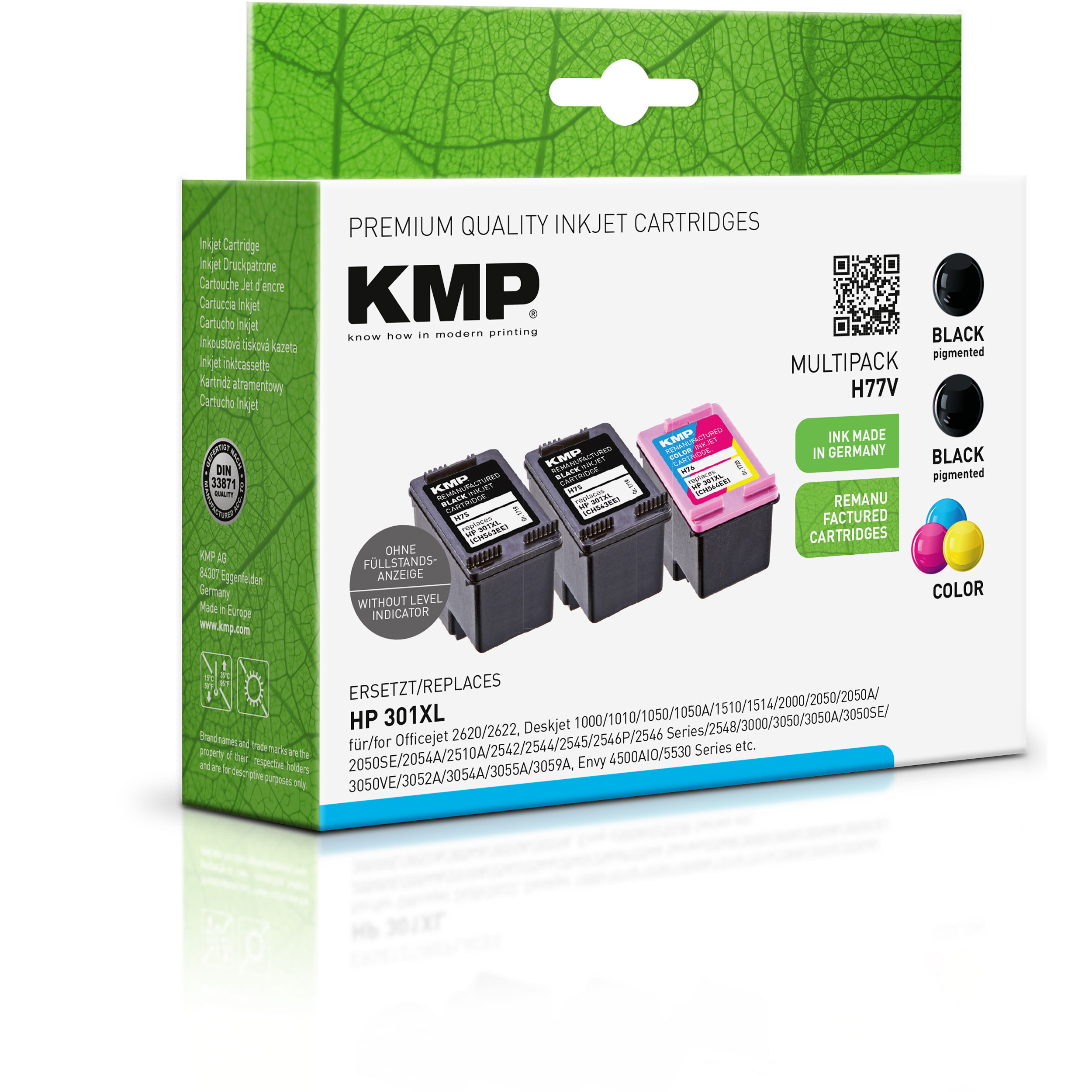 KMP Tintenpatrone für HP 301XL Ink (CH563EE, (CH563EE, schwarz CH564EE) Multipack BK,BK,C,M,Y 3-farbig Cartridge CH564EE)