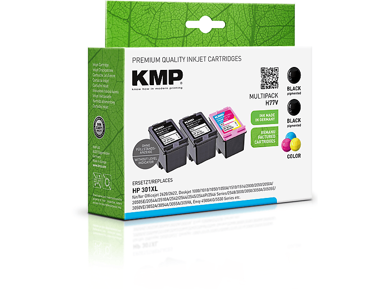 KMP Tintenpatrone für HP 301XL BK,BK,C,M,Y (CH563EE, CH564EE) Multipack Ink Cartridge 3-farbig schwarz (CH563EE, CH564EE)