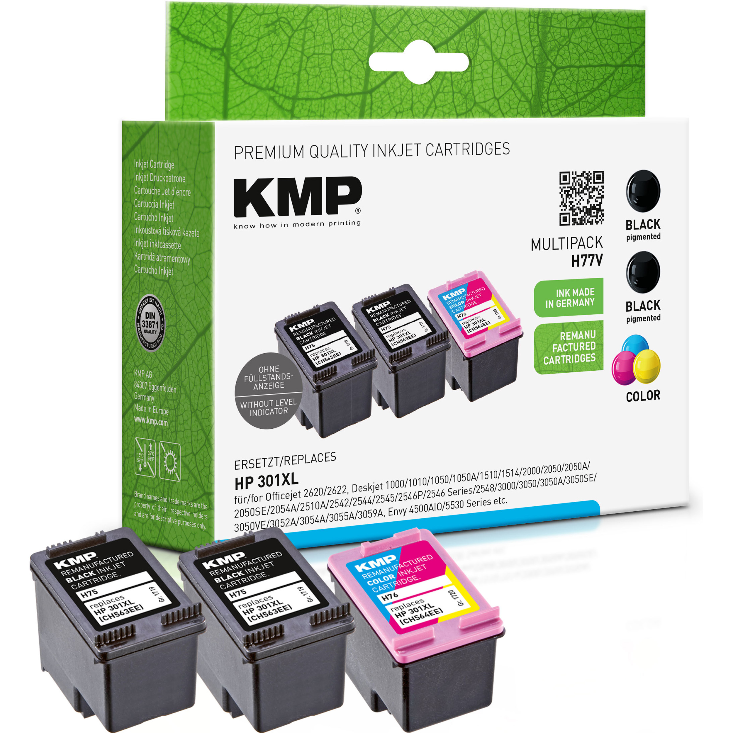 KMP Tintenpatrone für HP 301XL Ink (CH563EE, (CH563EE, schwarz CH564EE) Multipack BK,BK,C,M,Y 3-farbig Cartridge CH564EE)