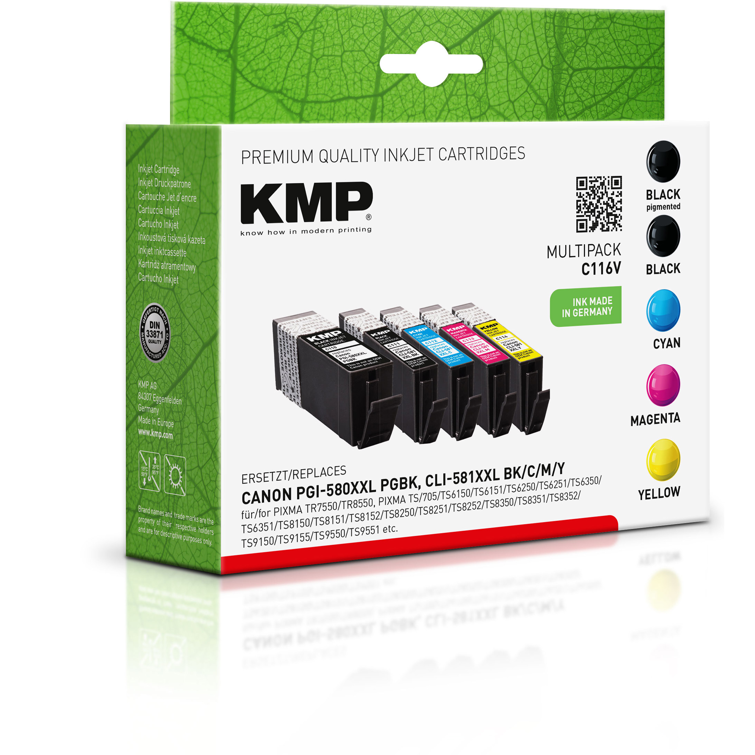 KMP Tintenpatrone für 581CXXL Cartridge 581BKXXL, cyan, Canon yellow 1995C001, 1996C001, magenta, schwarz/schwarz, (1970C001, 580PGBKXXL, 1998C001, 1997C001) Multipack Ink