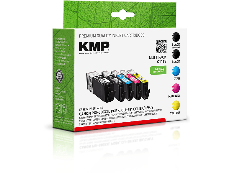 KMP Tintenpatrone für Canon 580PGBKXXL, 581BKXXL, 581CXXL Multipack Ink Cartridge schwarz/schwarz, cyan, magenta, yellow (1970C001, 1998C001, 1995C001, 1996C001, 1997C001)