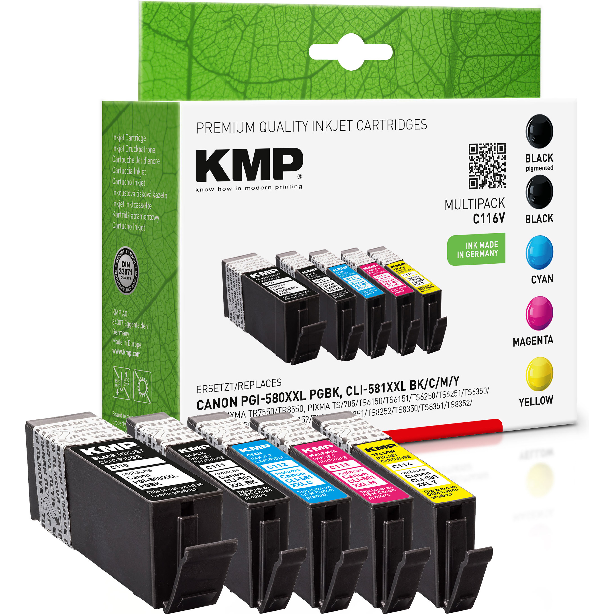KMP Tintenpatrone für Canon 580PGBKXXL, 1998C001, 1995C001, (1970C001, yellow Ink Multipack 1997C001) 581BKXXL, cyan, Cartridge 581CXXL 1996C001, schwarz/schwarz, magenta