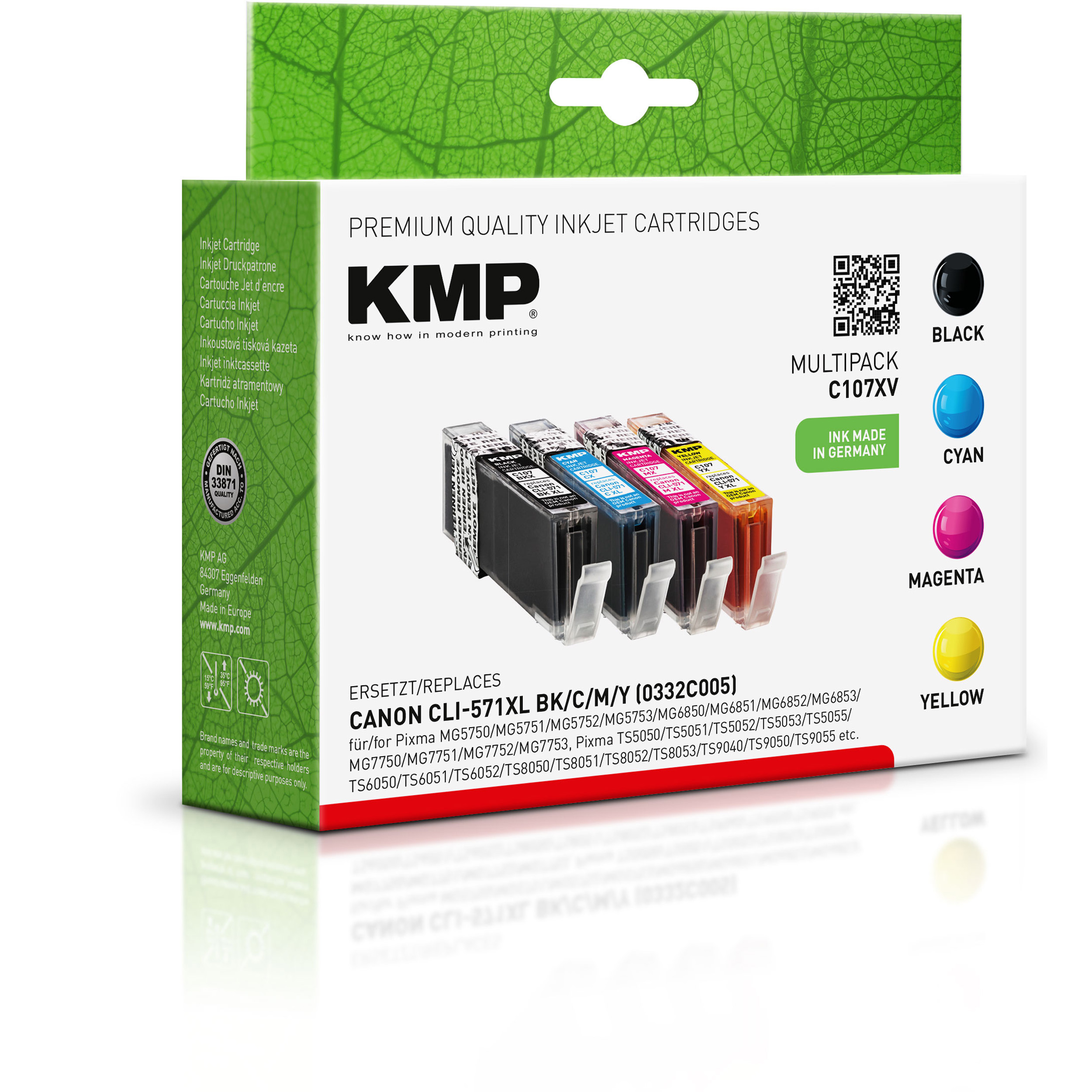 KMP Tintenpatrone für Canon (0331C001, schwarz, 0332C001, CLI571MXL CLI571CXL, Cartridge Ink yellow magenta, 0333C001, Multipack 0334C001) cyan