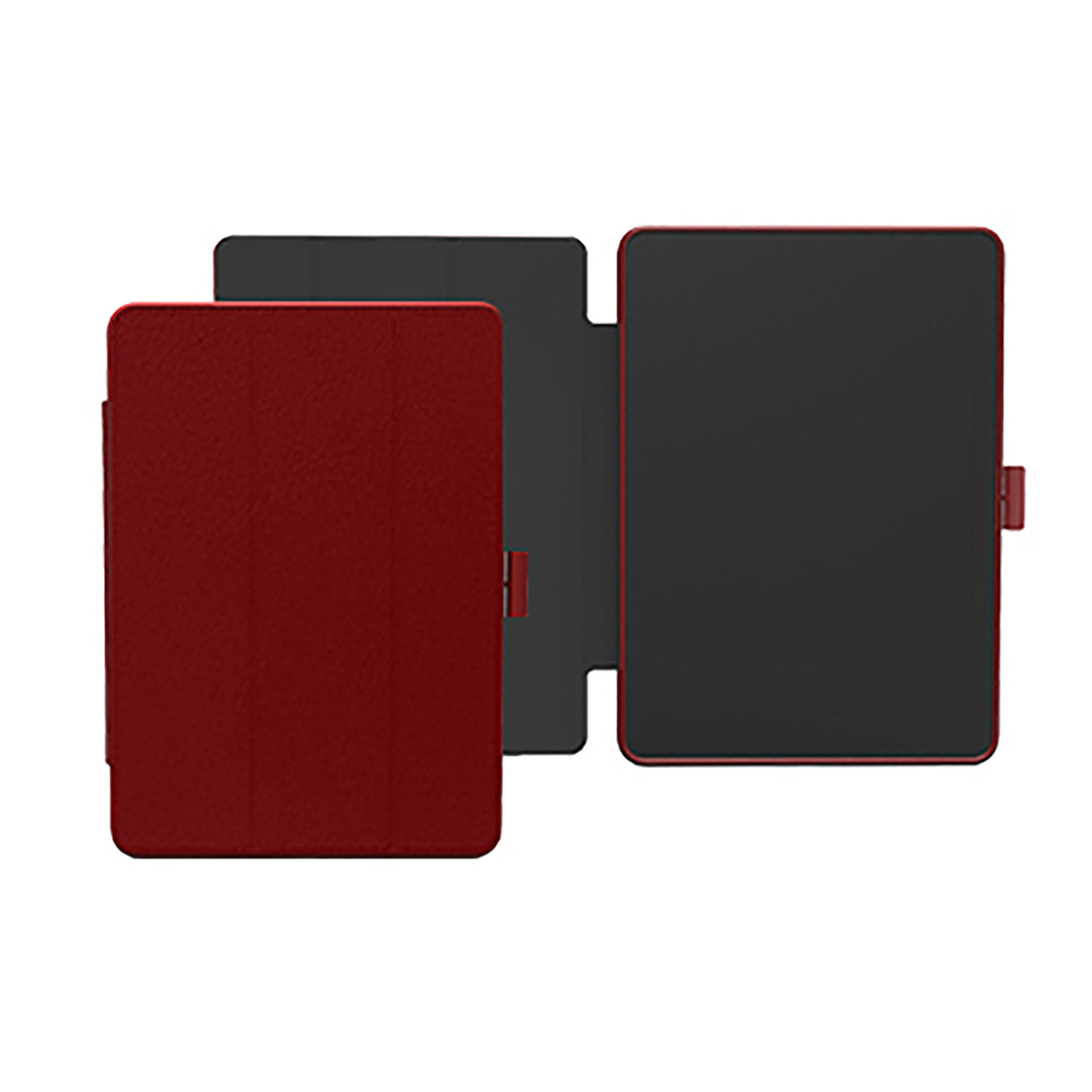 Rote und schwarze Tablethülle, geöffnet, um das Innere zu zeigen.