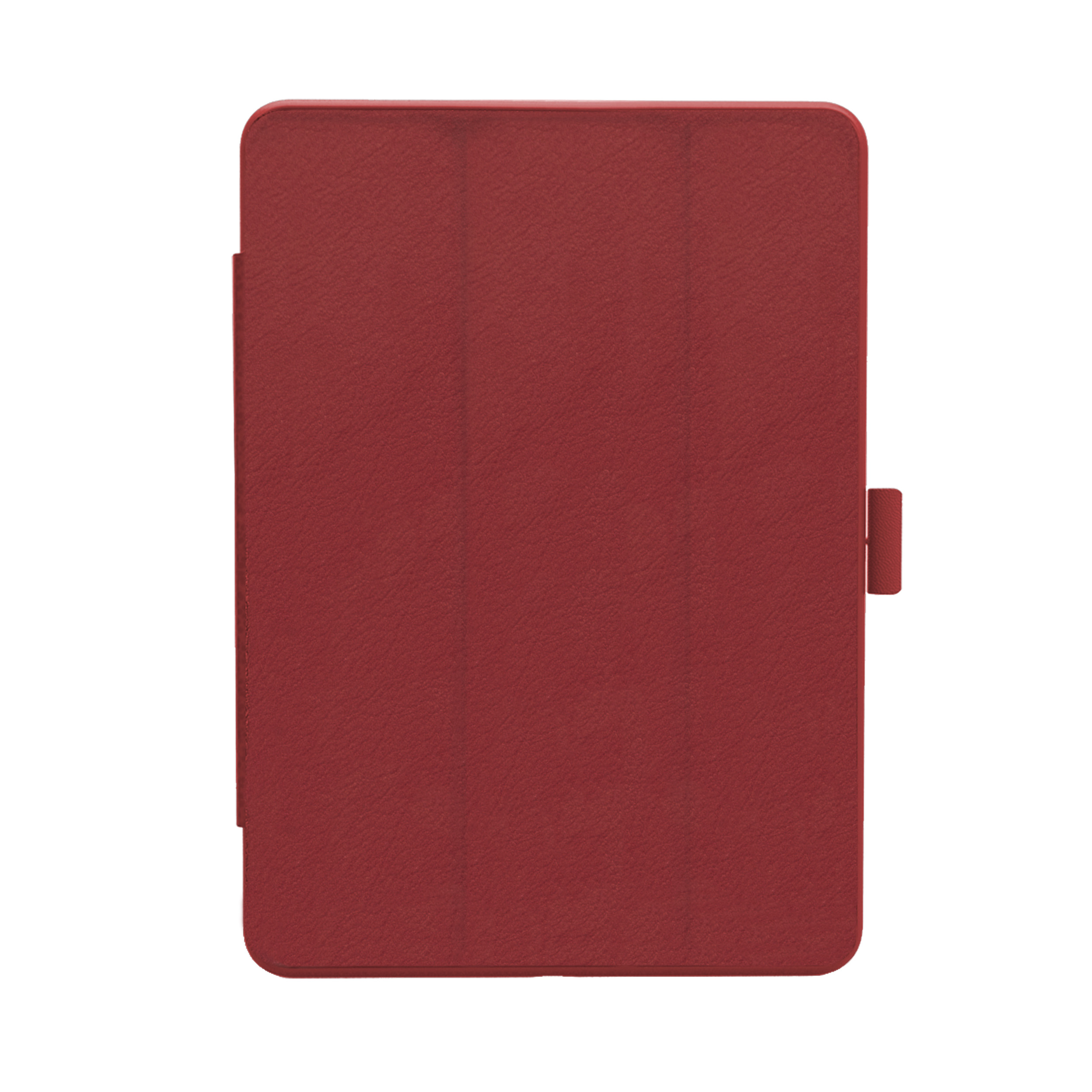 Eine rote Tablethülle mit strukturierter Oberfläche und Magnetverschlusslasche rechts.