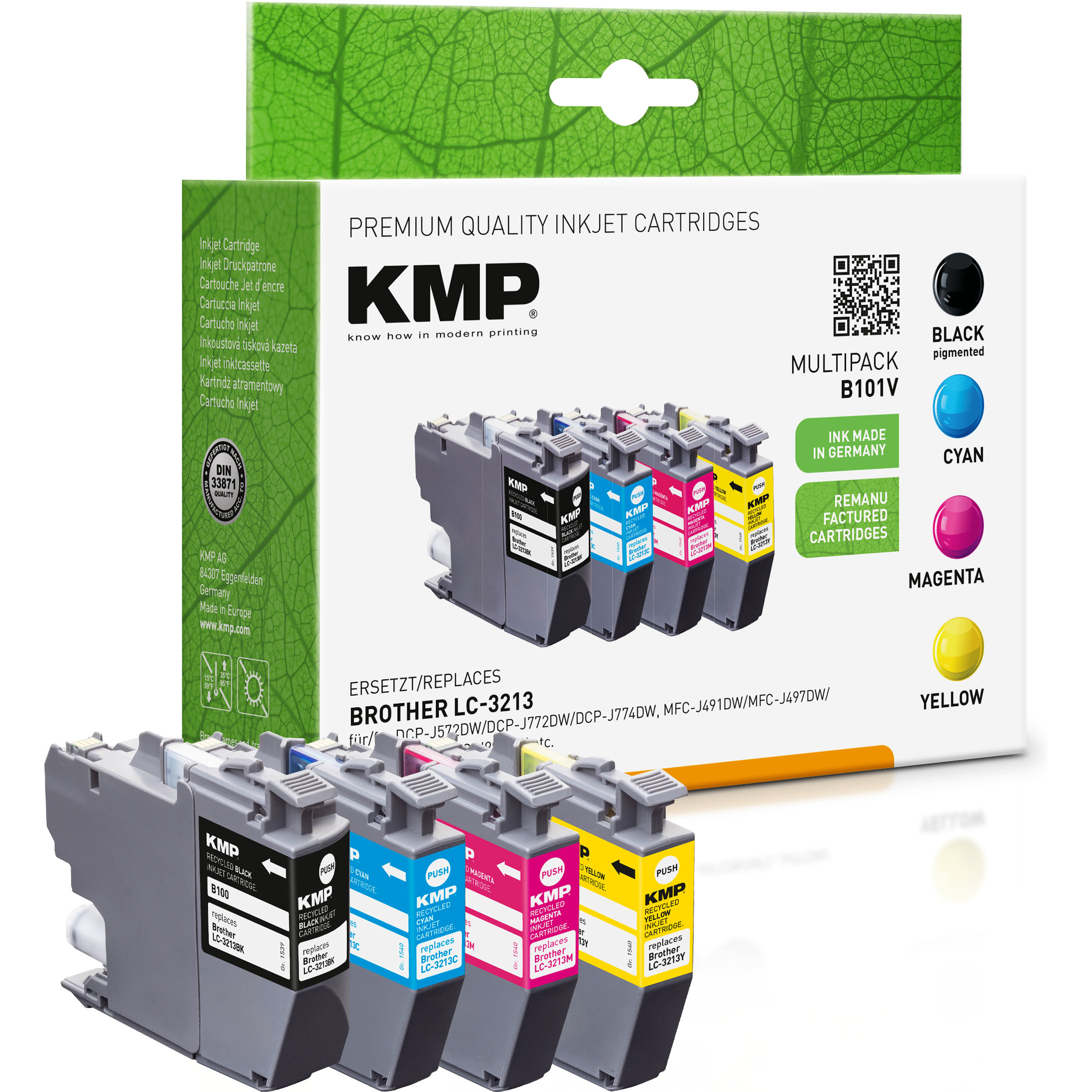 KMP Tintenpatrone für Brother LC3213 LC3213Y) LC3213M, BK,C,M,Y schwarz, Cartridge Ink LC3213C, cyan, (LC3213BK, Multipack magenta, yellow