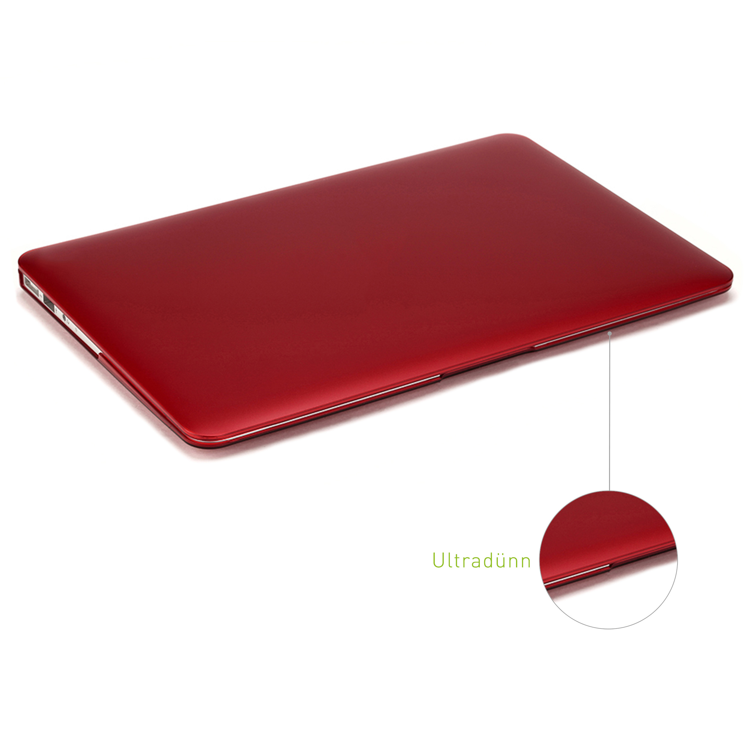 Ein roter Laptop, mit Nahaufnahme des dünnen Randes und kleinem Kreisdetail.