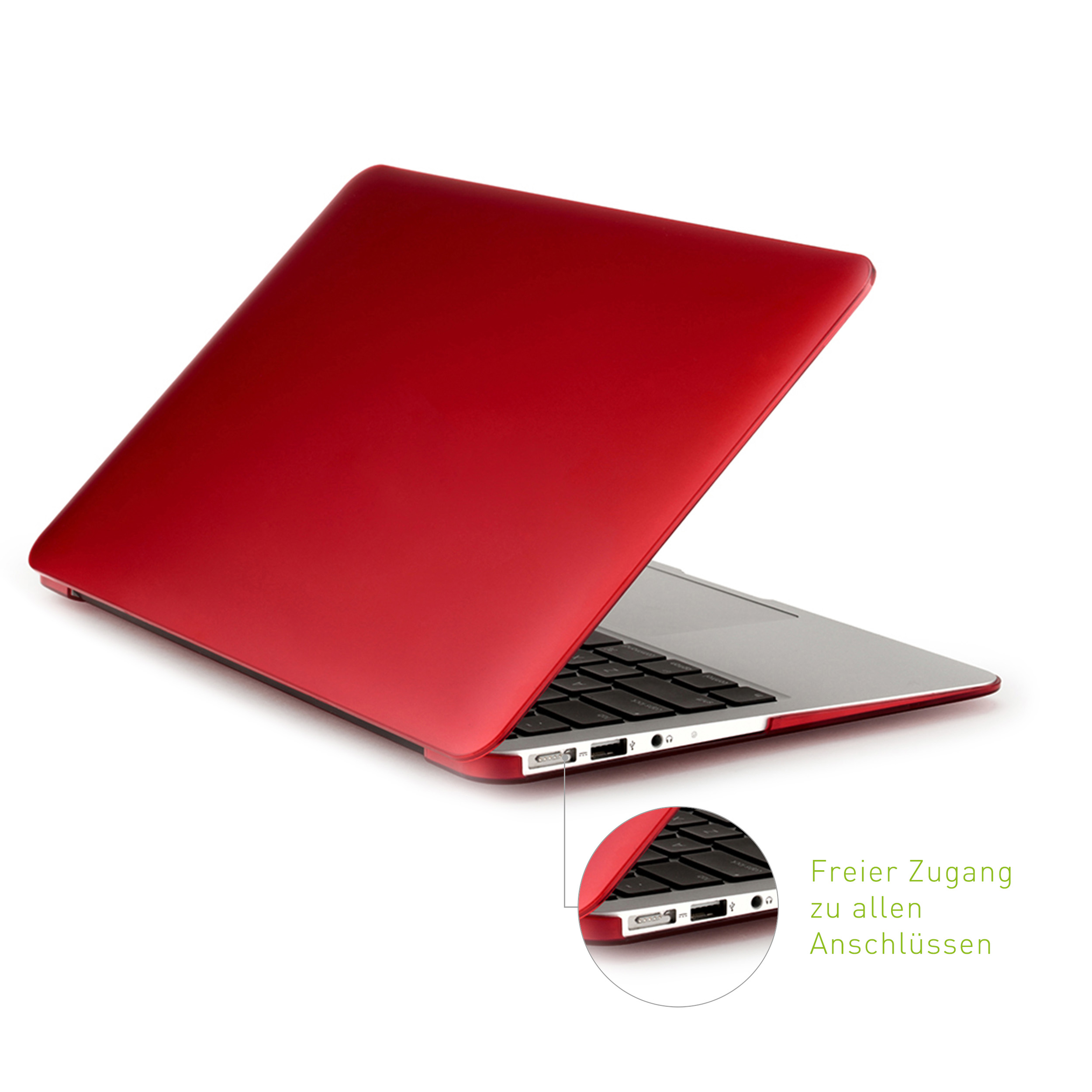 Roter Laptop auf weißem Hintergrund, geöffnet. Nahaufnahme zeigt Anschlüsse. Text zeigt freien Zugang.