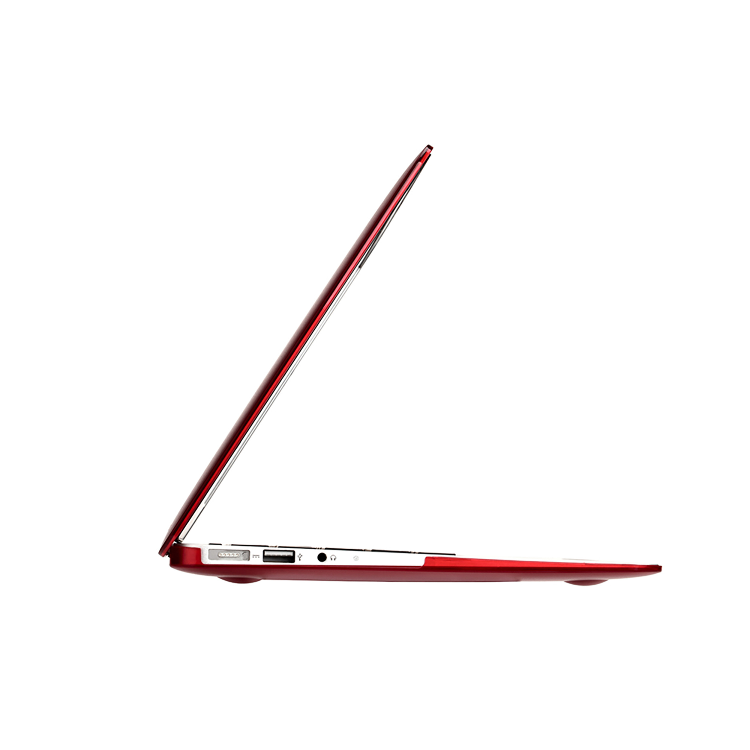 Rotes Laptop-Profilansicht. Dünnes Design, Seitenansicht, weißer Hintergrund.