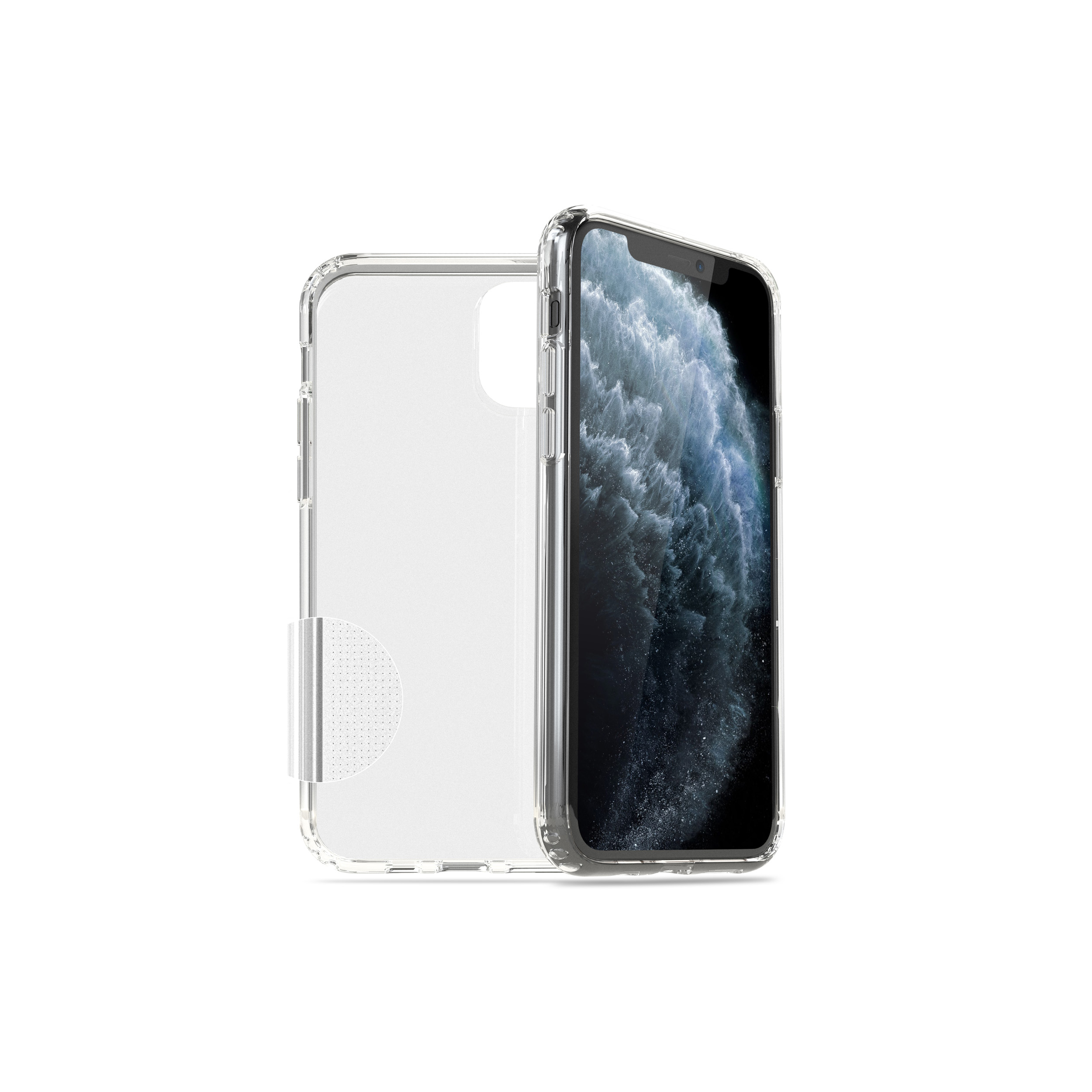 Transparente Handyhülle mit einem Telefon darin, auf weißem Hintergrund. Das Telefon ist sichtbar.