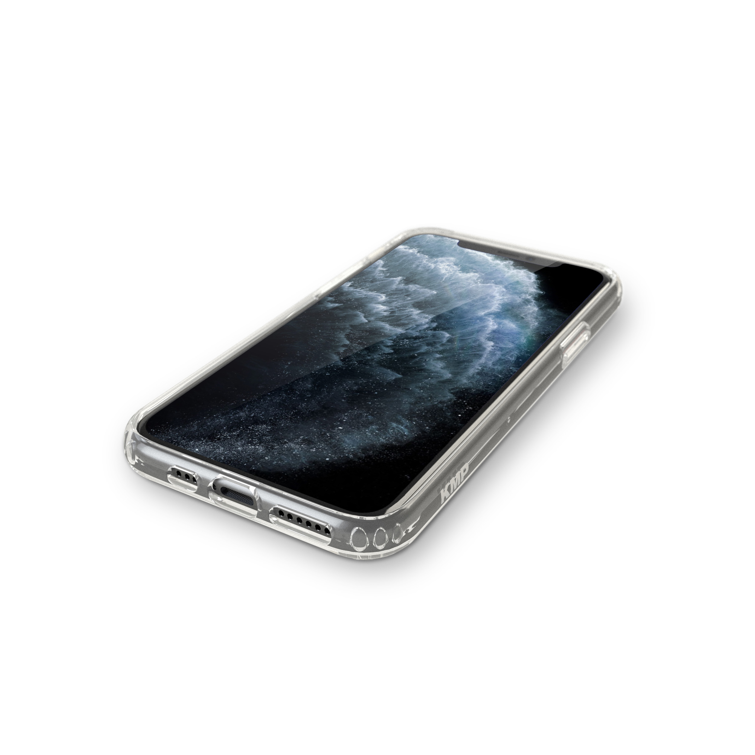 Transparente Handyhülle auf weißem Untergrund. Das Telefon befindet sich in der Hülle.