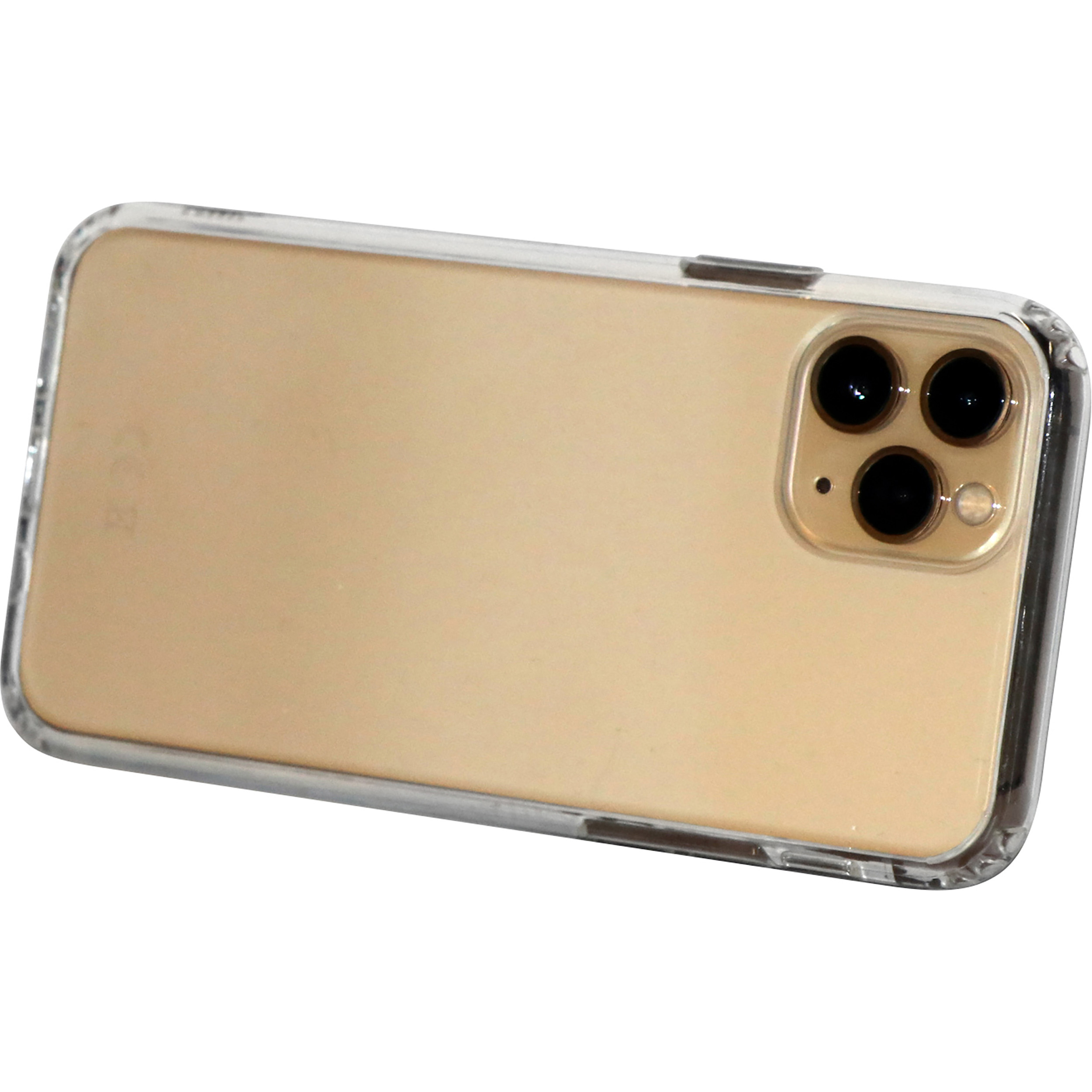 Goldenes Telefon in einer durchsichtigen Hülle. Zeigt die Rückseite mit drei Kameralinsen.