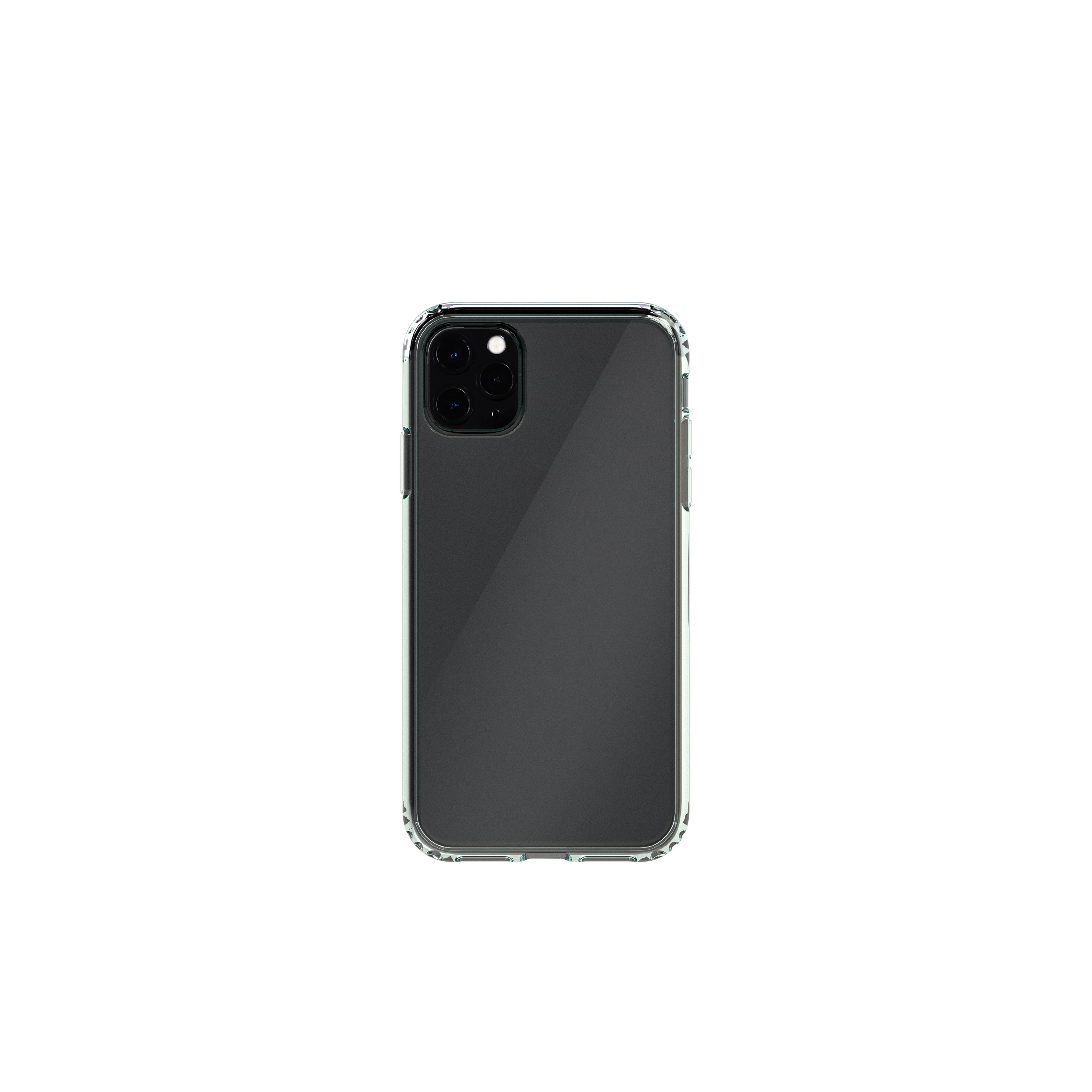 Schwarzes Handy mit klarer Hülle auf weißem Hintergrund.