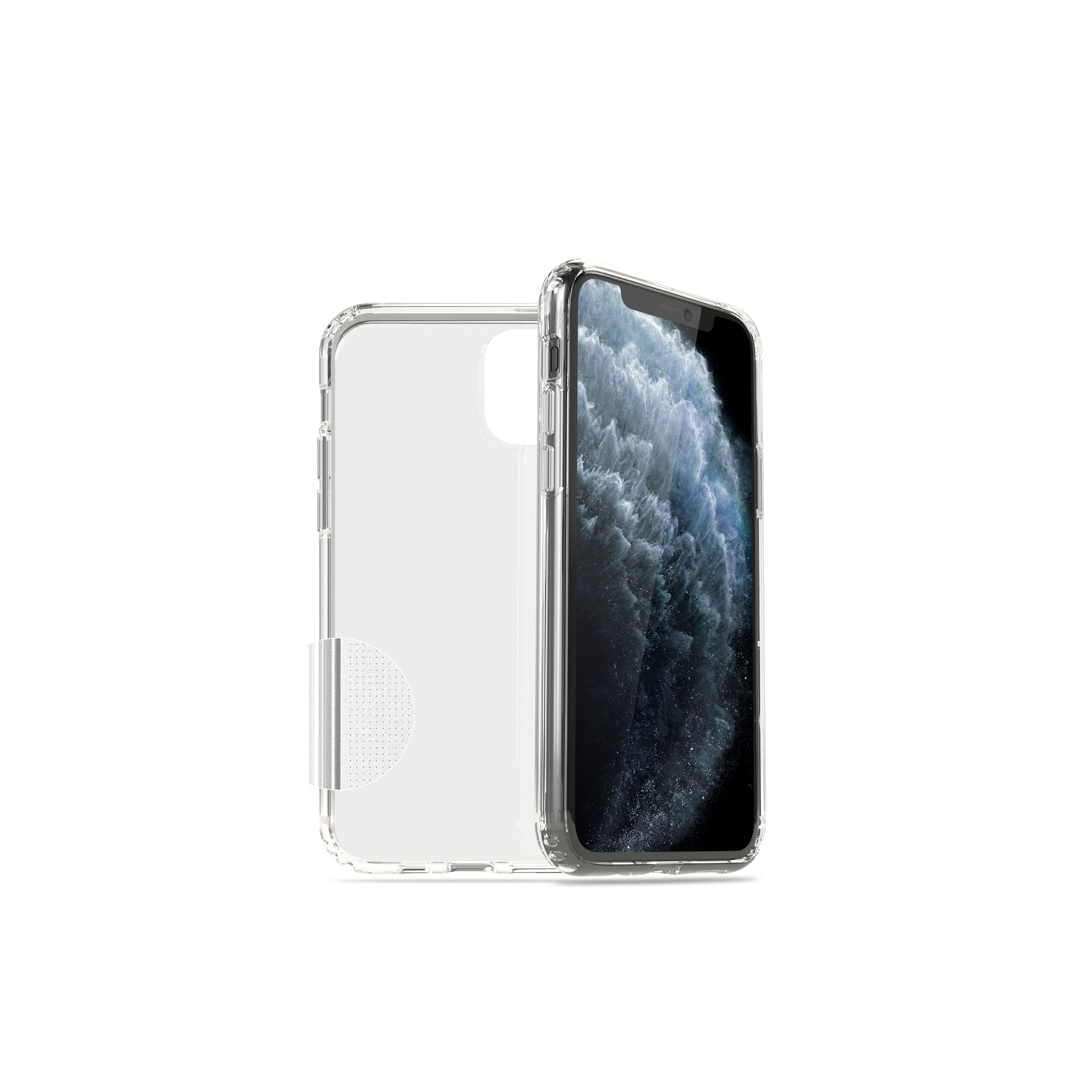Transparente Handyhülle mit Telefon. Die Hülle ist geöffnet, das Telefon wird gezeigt.