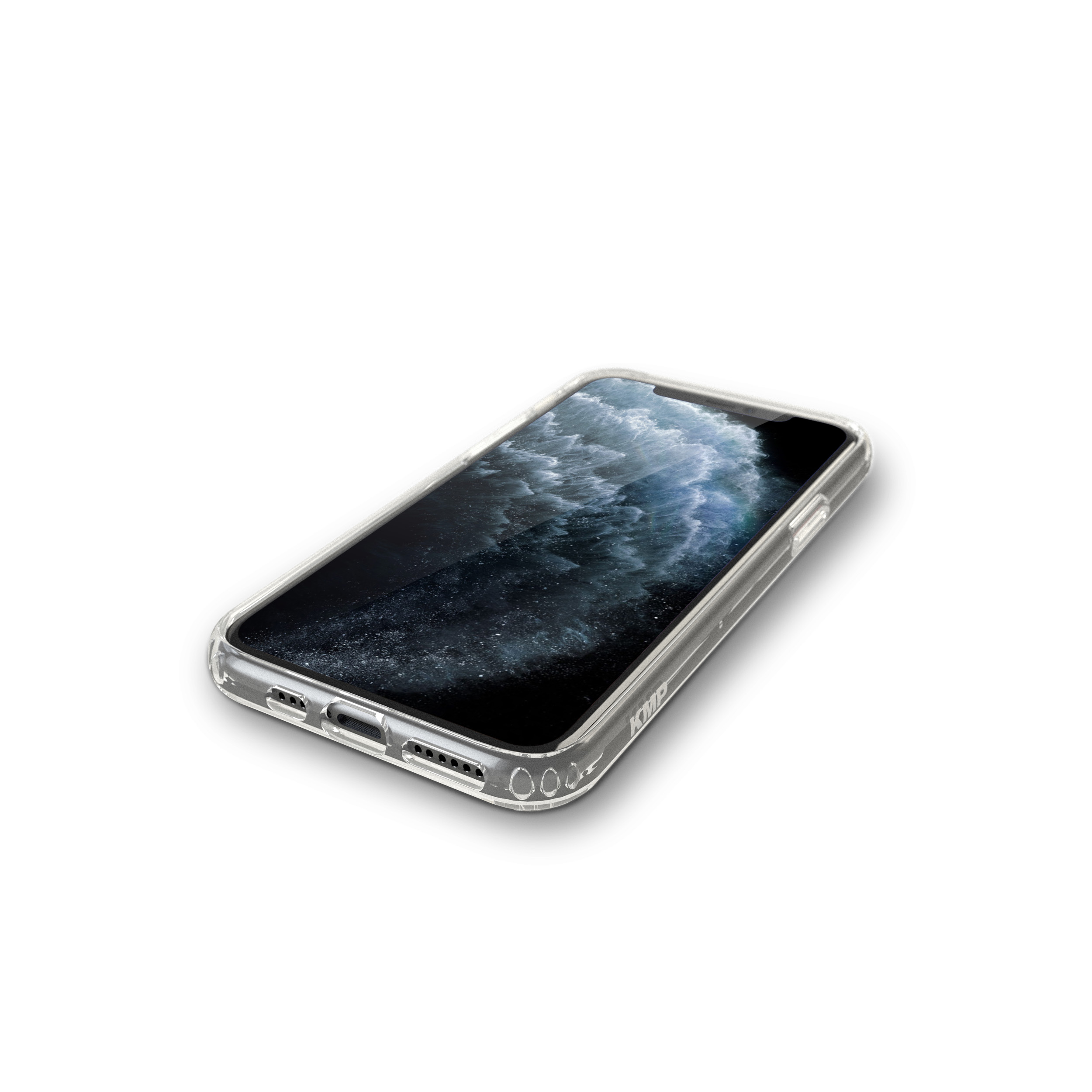 Transparente Handyhülle auf weißer Oberfläche. Die Hülle liegt über einem schwarzen Handy.