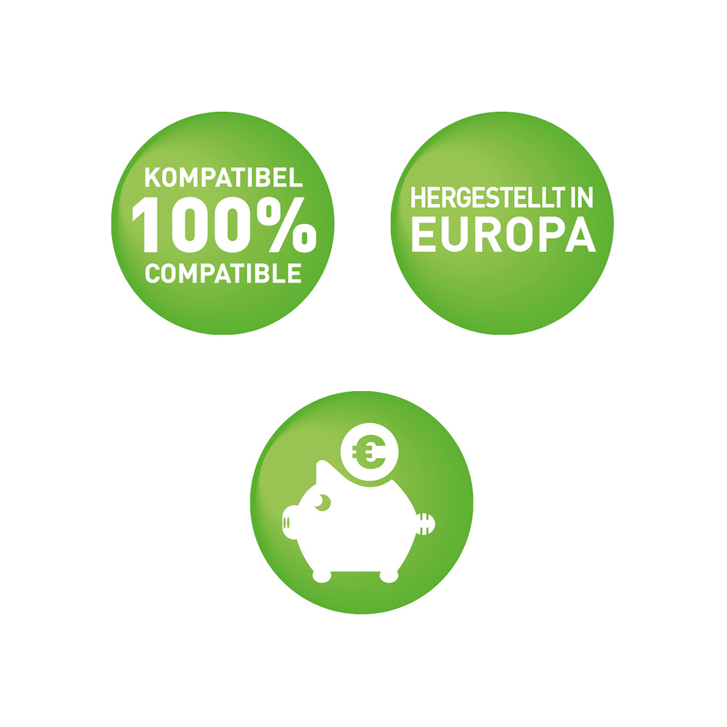 Tre icone circolari verdi su sfondo bianco con testo: 100% Compatibile, Prodotto in Europa.