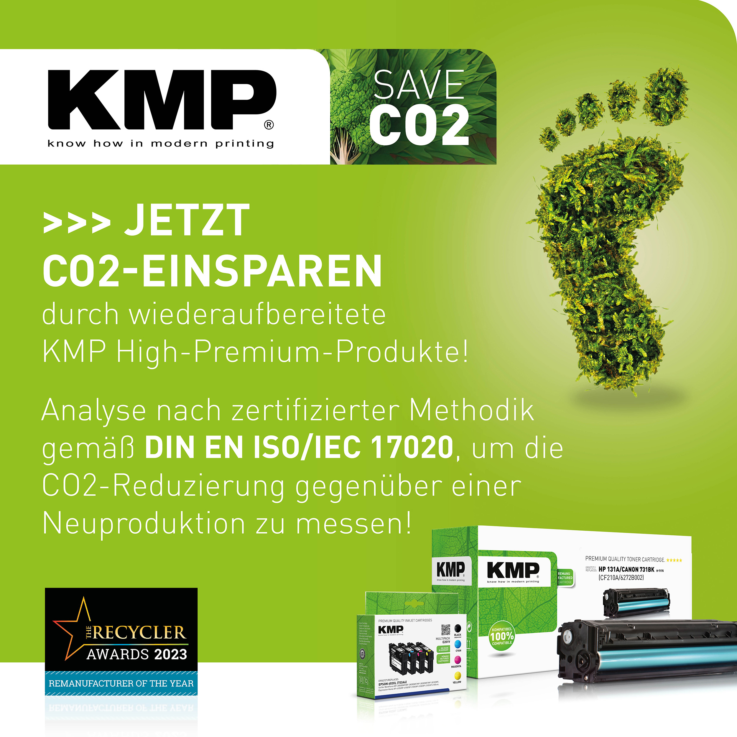 KMP-Druckerpatronenwerbung mit Text und Bildern. Grüne und weiße Farben.