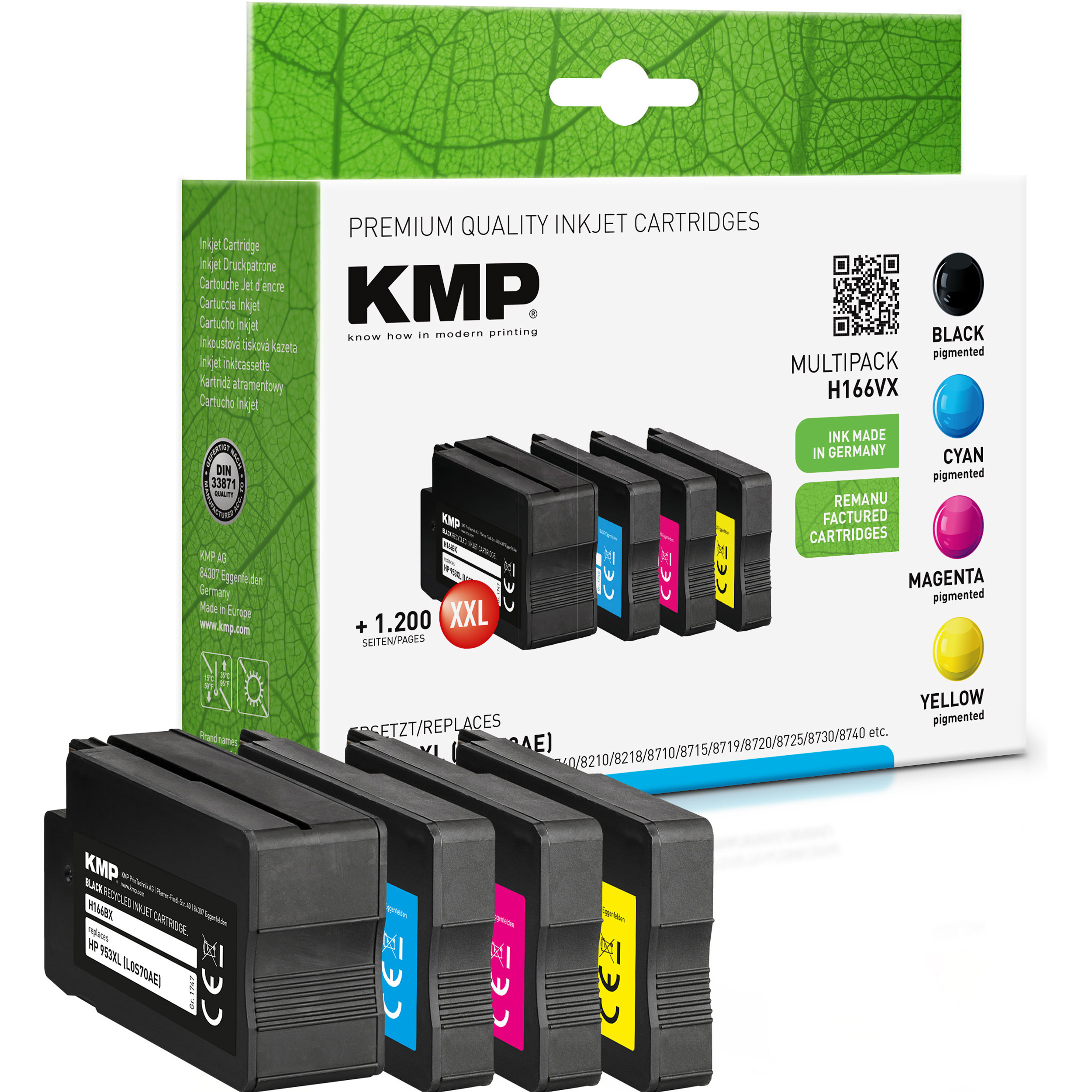KMP Tintenpatrone für HP 953XL (3HZ52AE) BK,C,M,Y F6U18AE) yellow (L0S70AE, magenta, schwarz, cyan, Cartridge Ink F6U16AE, F6U17AE, Multipack