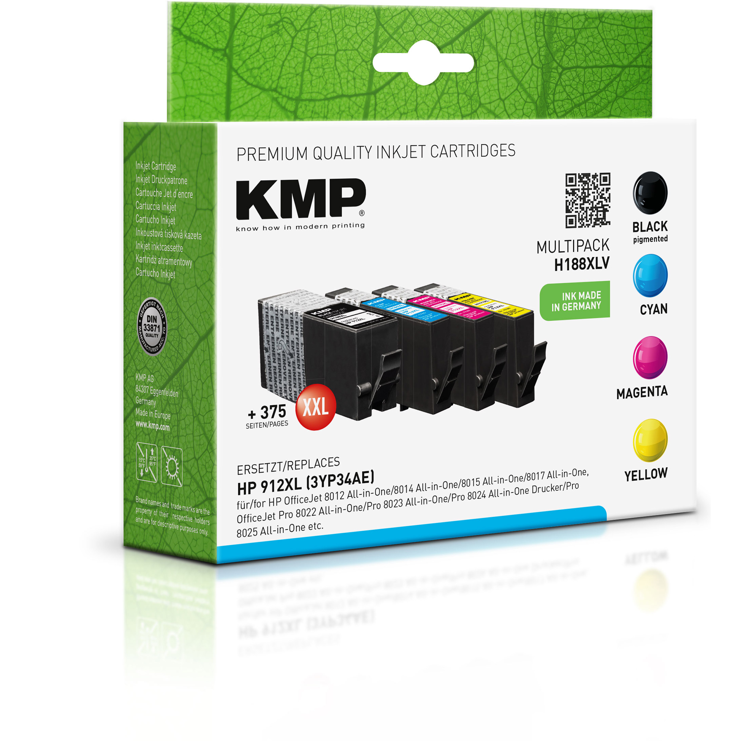 KMP Tintenpatrone für HP 912XL cyan, (3YL84AE, 3YL81AE, Cartridge Multipack schwarz 3YL81AE, 3YL82AE) magenta, 3YL82AE, 3YL83AE) Ink (3YL81AE, gelb