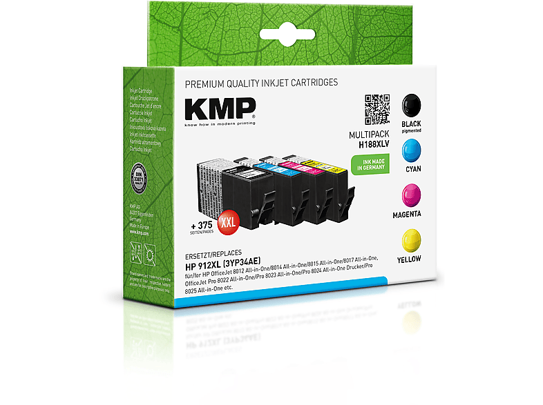 KMP Tintenpatrone für HP 912XL (3YL81AE, 3YL81AE, 3YL82AE) Multipack Ink Cartridge cyan, gelb, magenta, schwarz (3YL84AE, 3YL81AE, 3YL82AE, 3YL83AE)