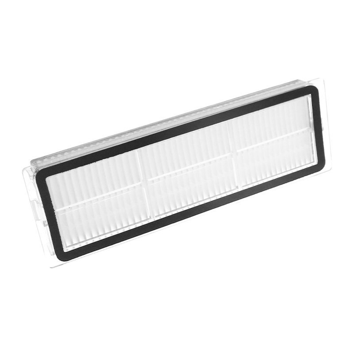 Biało-czarny filtr z czarną ramką do robota sprzątającego, widok z góry.