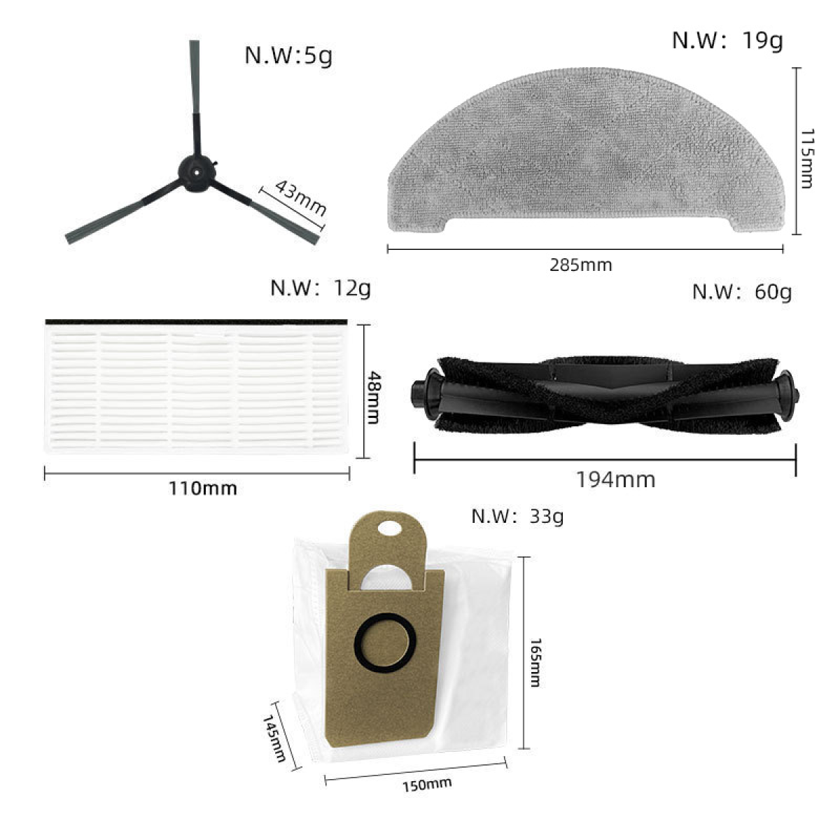 Części robota sprzątającego: szczotki, filtr i worek na kurz, z wymiarami i etykietami wagowymi.