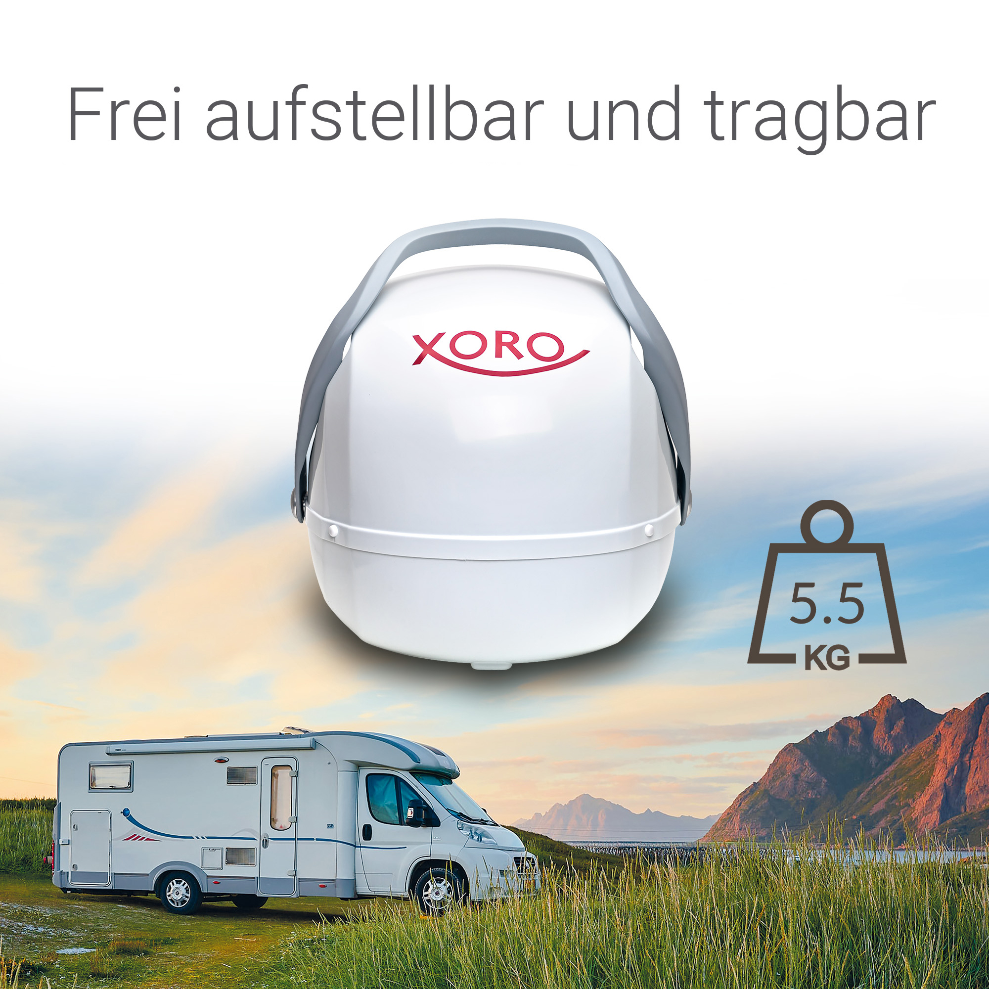 Weißer tragbarer Behälter mit Griff und ein Wohnmobil auf dem Feld.
