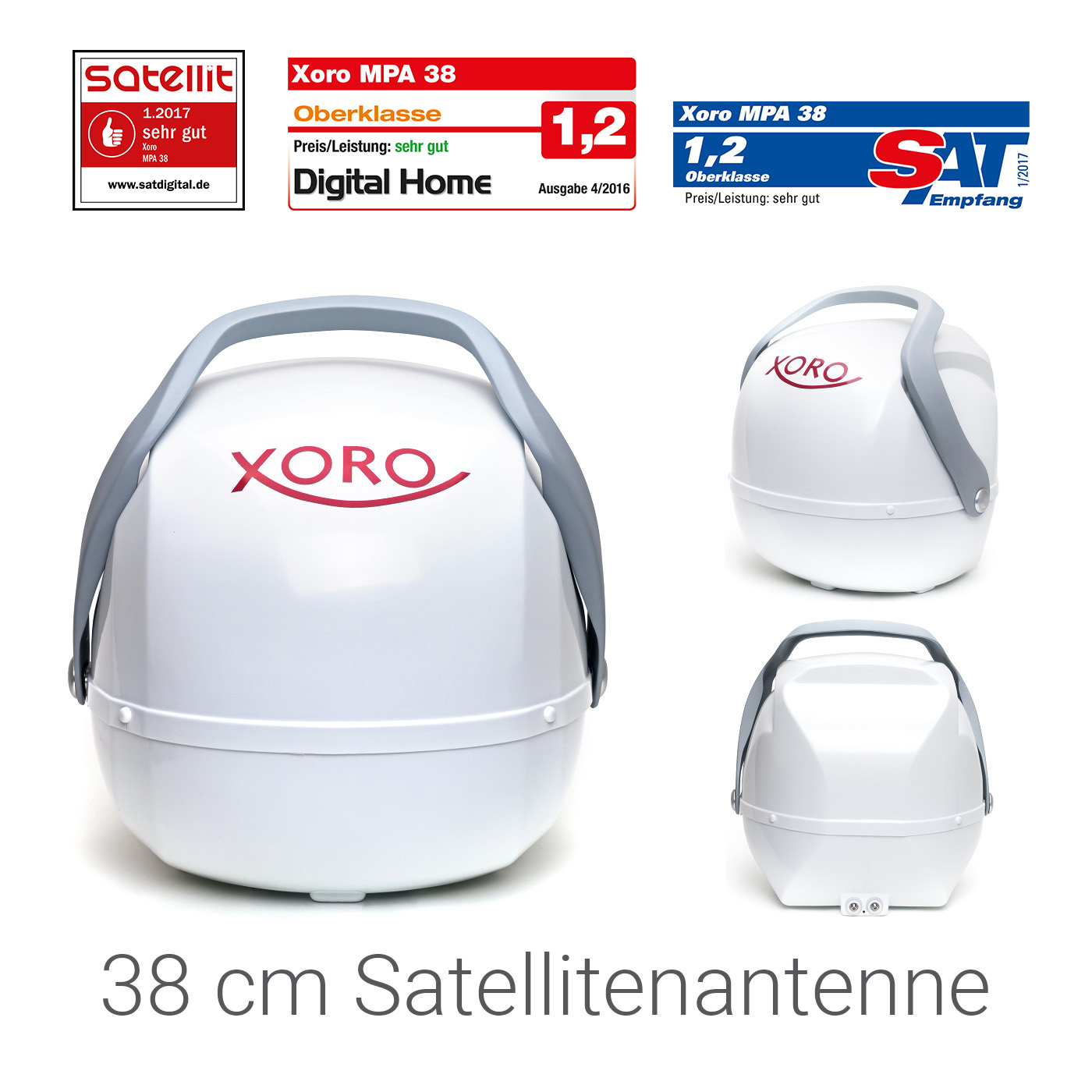 Eine weiße Satellitenschüssel mit einem grauen Griff und drei verschiedenen Ansichten davon.