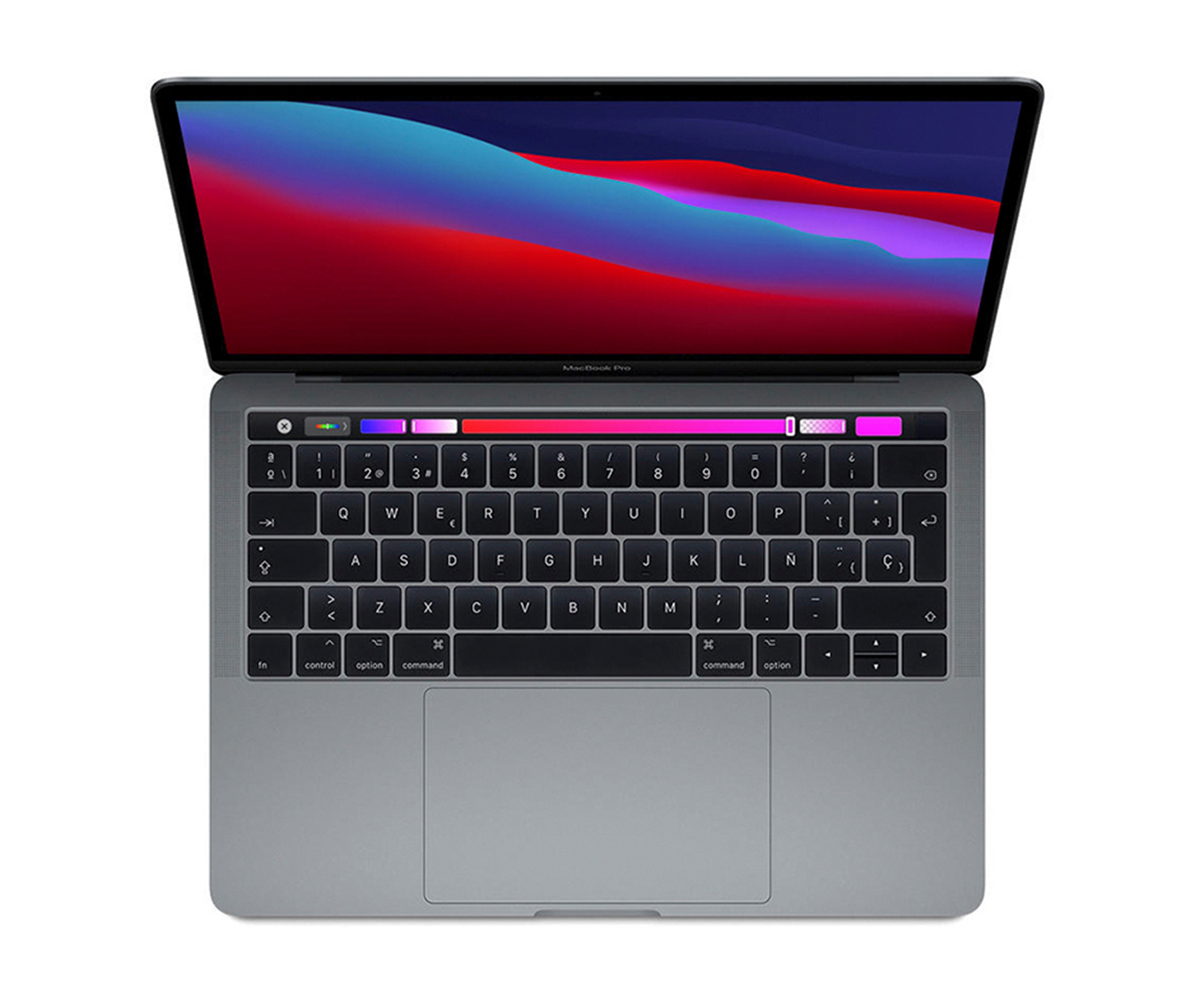MacBook Pro abierto sobre un fondo blanco, vista superior. El teclado es visible.