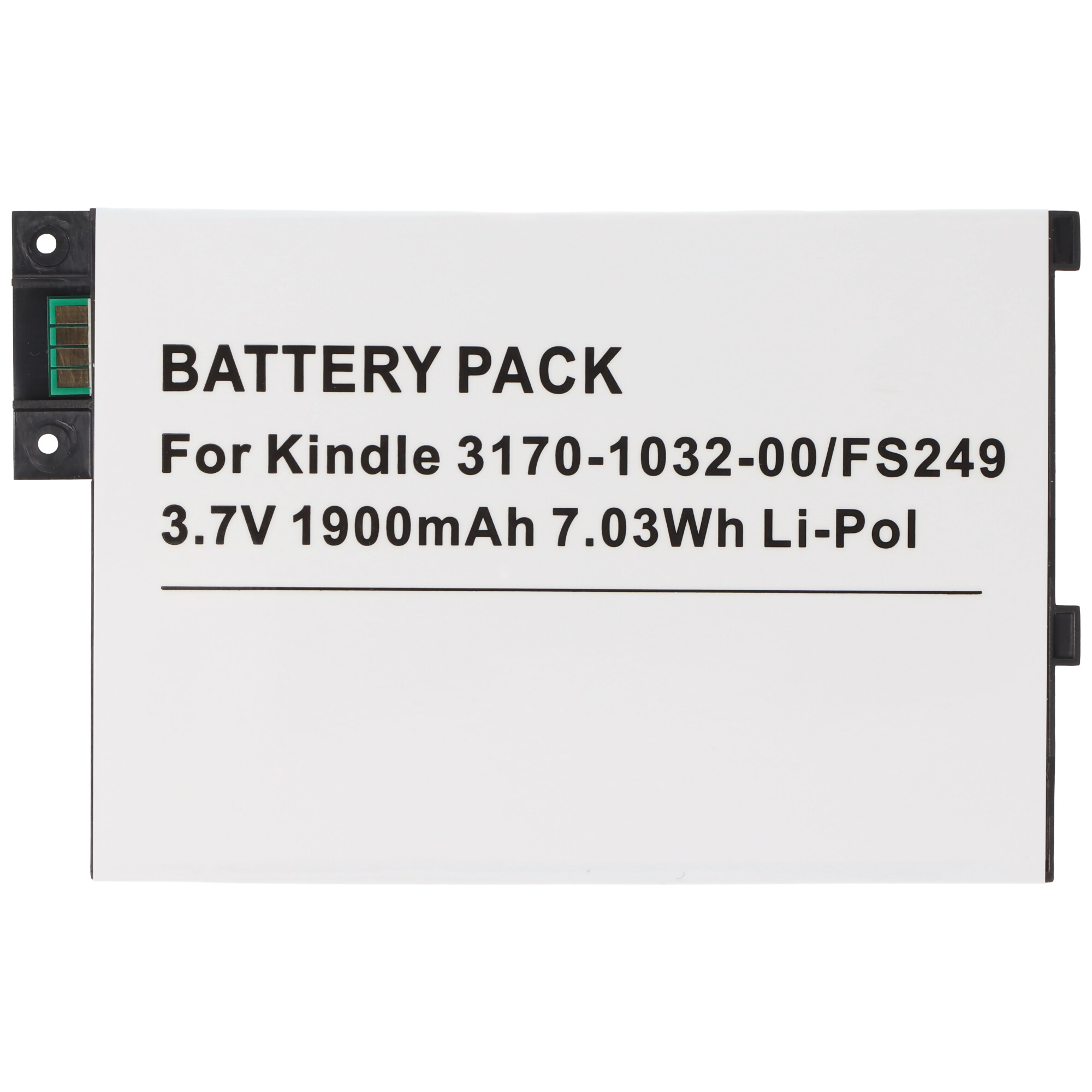 Weißes Akkupack mit schwarzem Text: "BATTERY PACK... Kindle..."