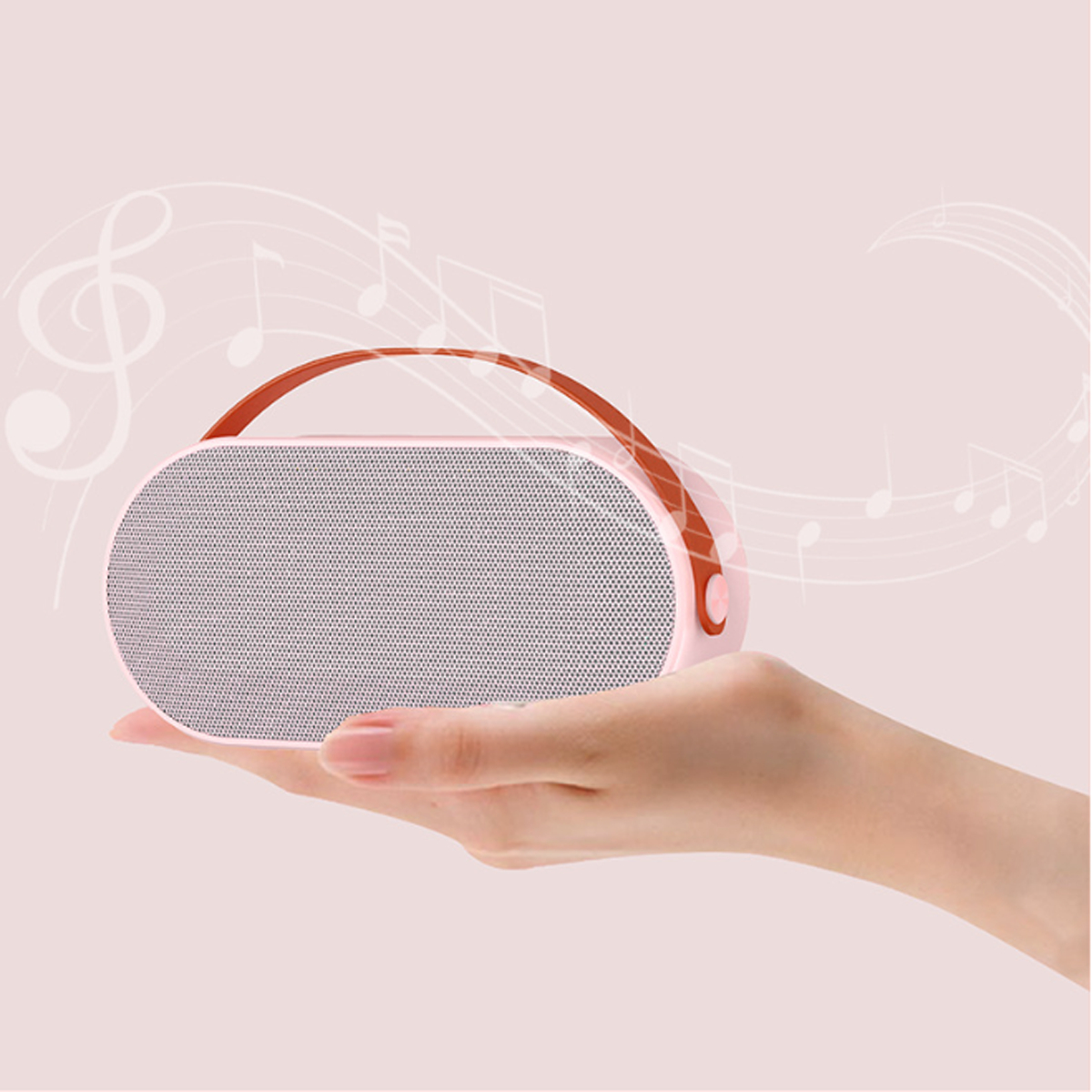 Ein rosa Lautsprecher in der Hand, brauner Griff. Musiknoten im Hintergrund.