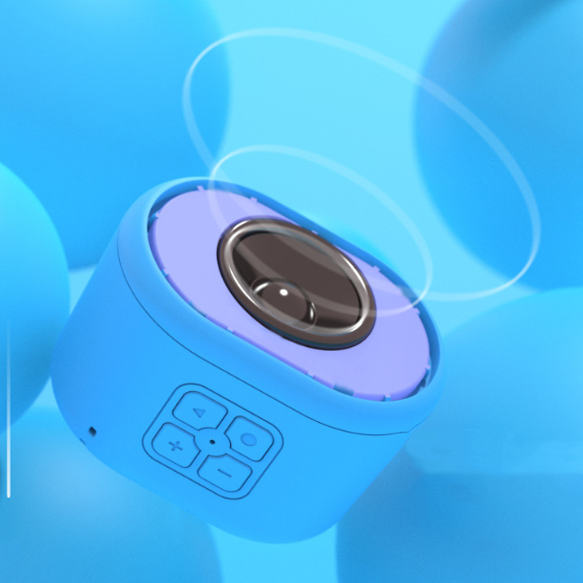 Blauer, abgerundeter Lautsprecher mit Knöpfen, vor einem Hintergrund aus blauen Kugeln.