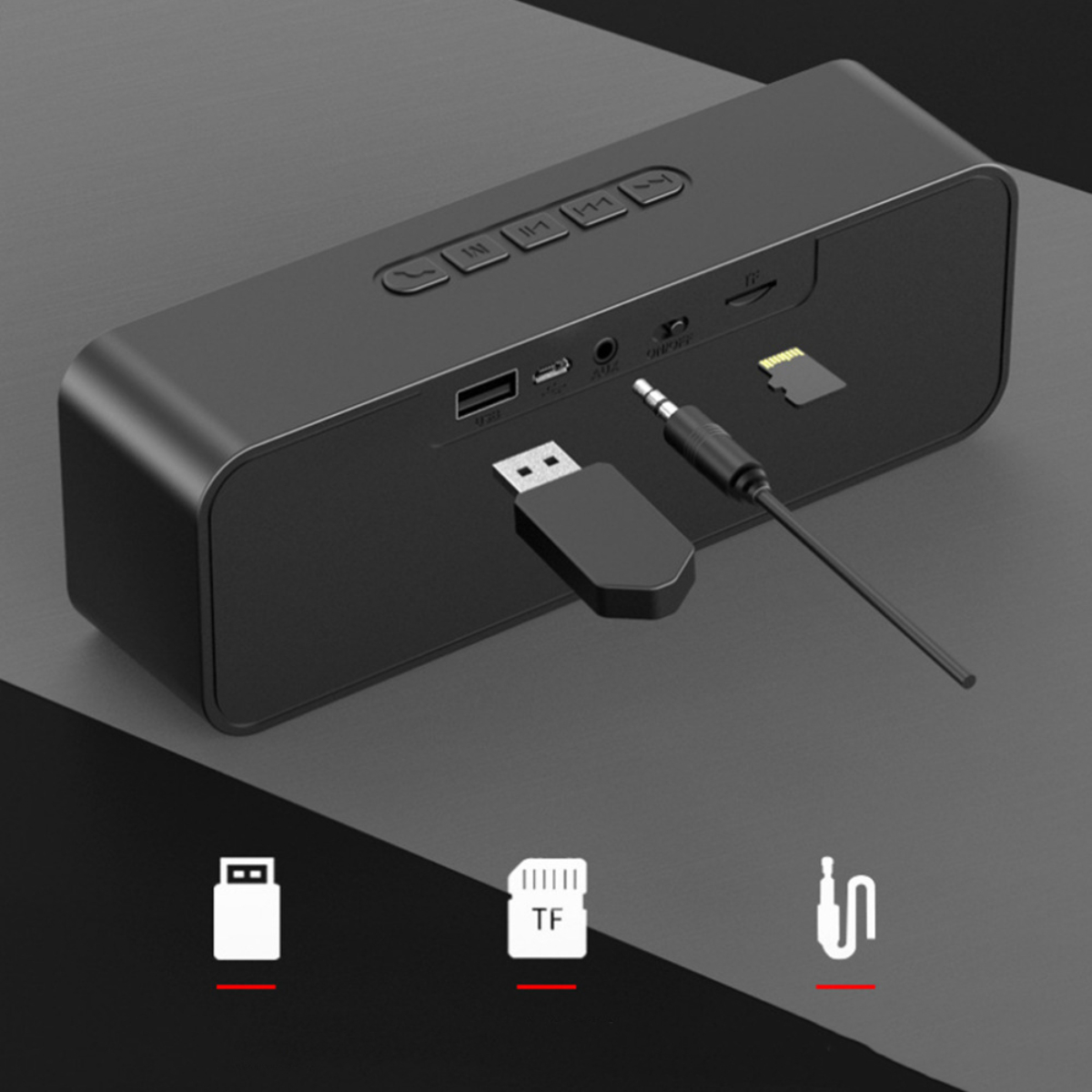 Schwarzer Lautsprecher mit USB-, AUX- und SD-Kartenanschlüssen und Bluetooth-Adapter.