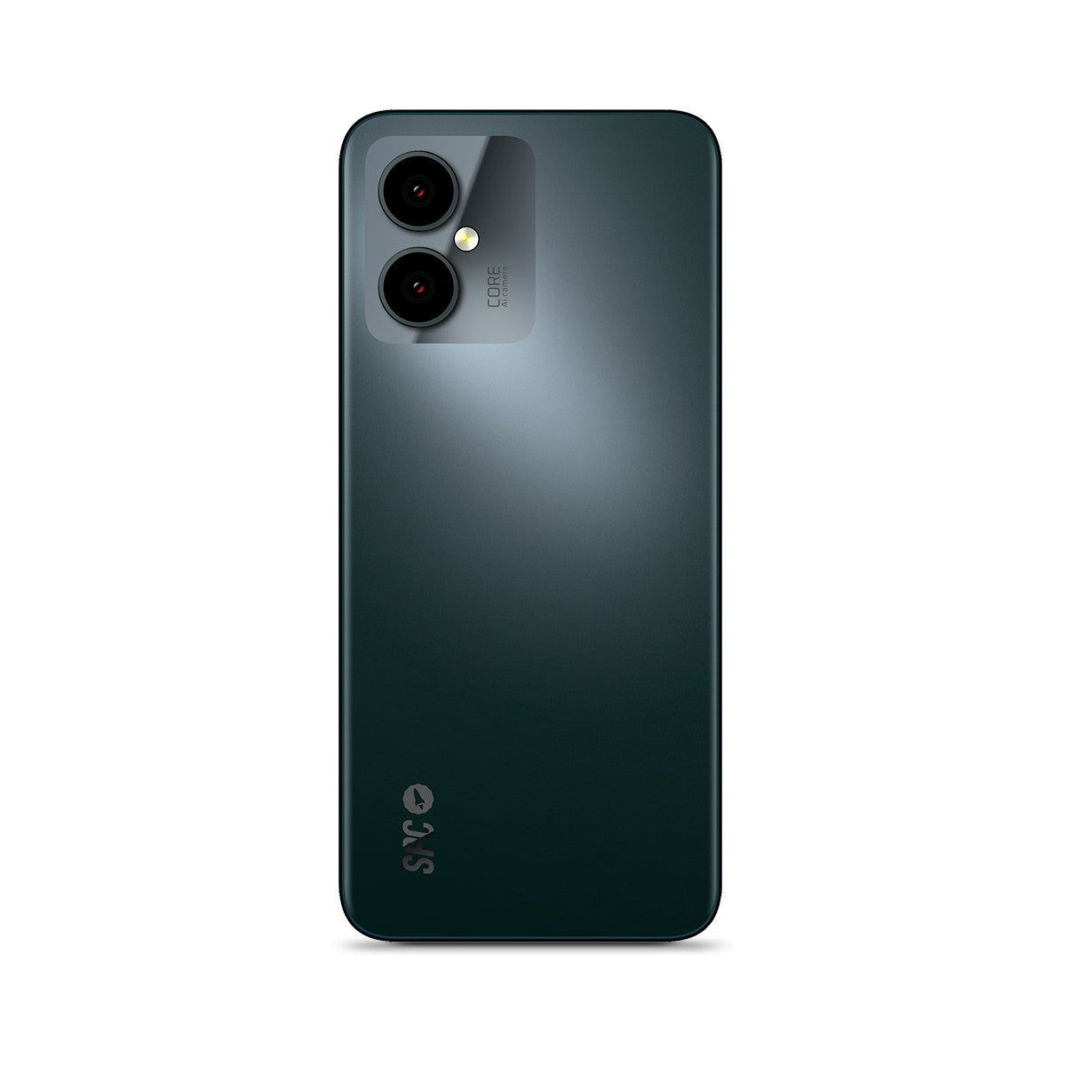 Smartphone verde scuro con due fotocamere. Modulo fotocamera nero, testo centrale argento e logo SPC.