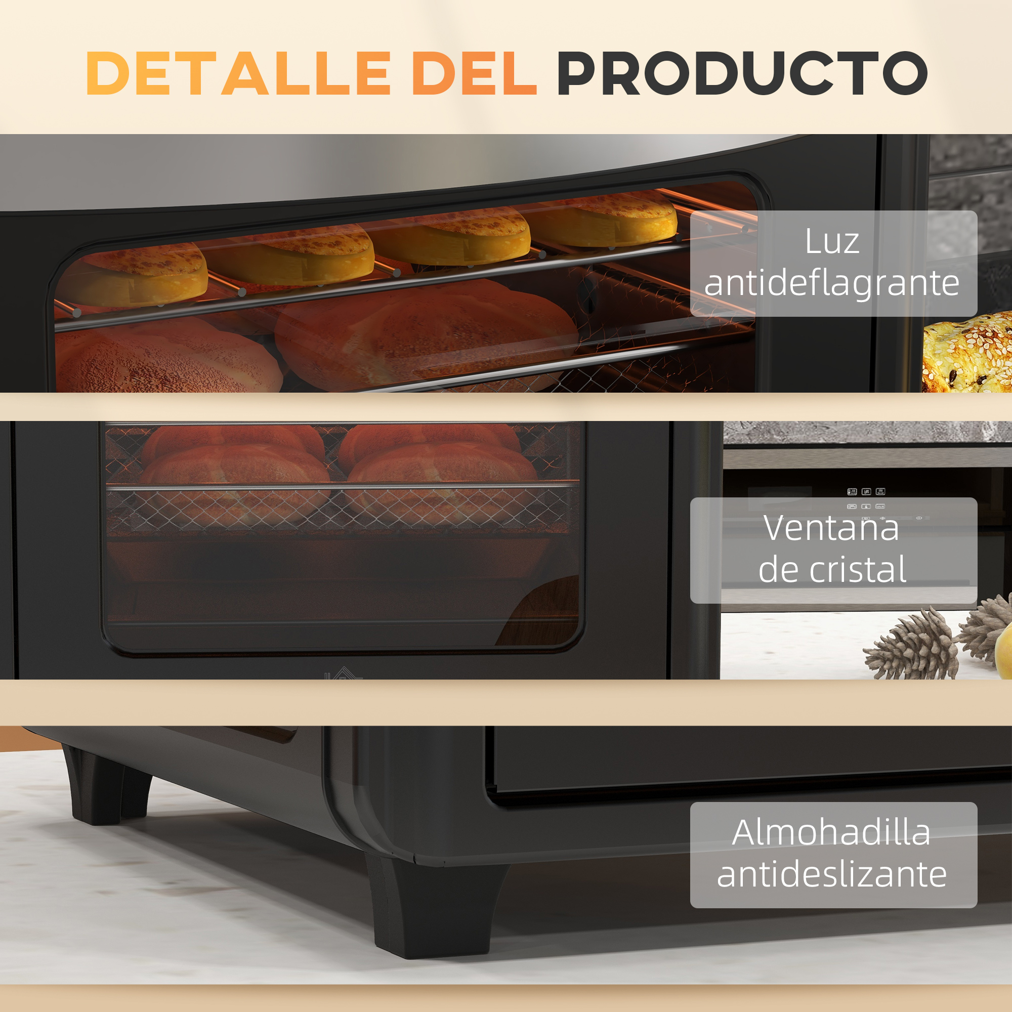 Horno con comida dentro. Tiene puerta de cristal y almohadillas antideslizantes.