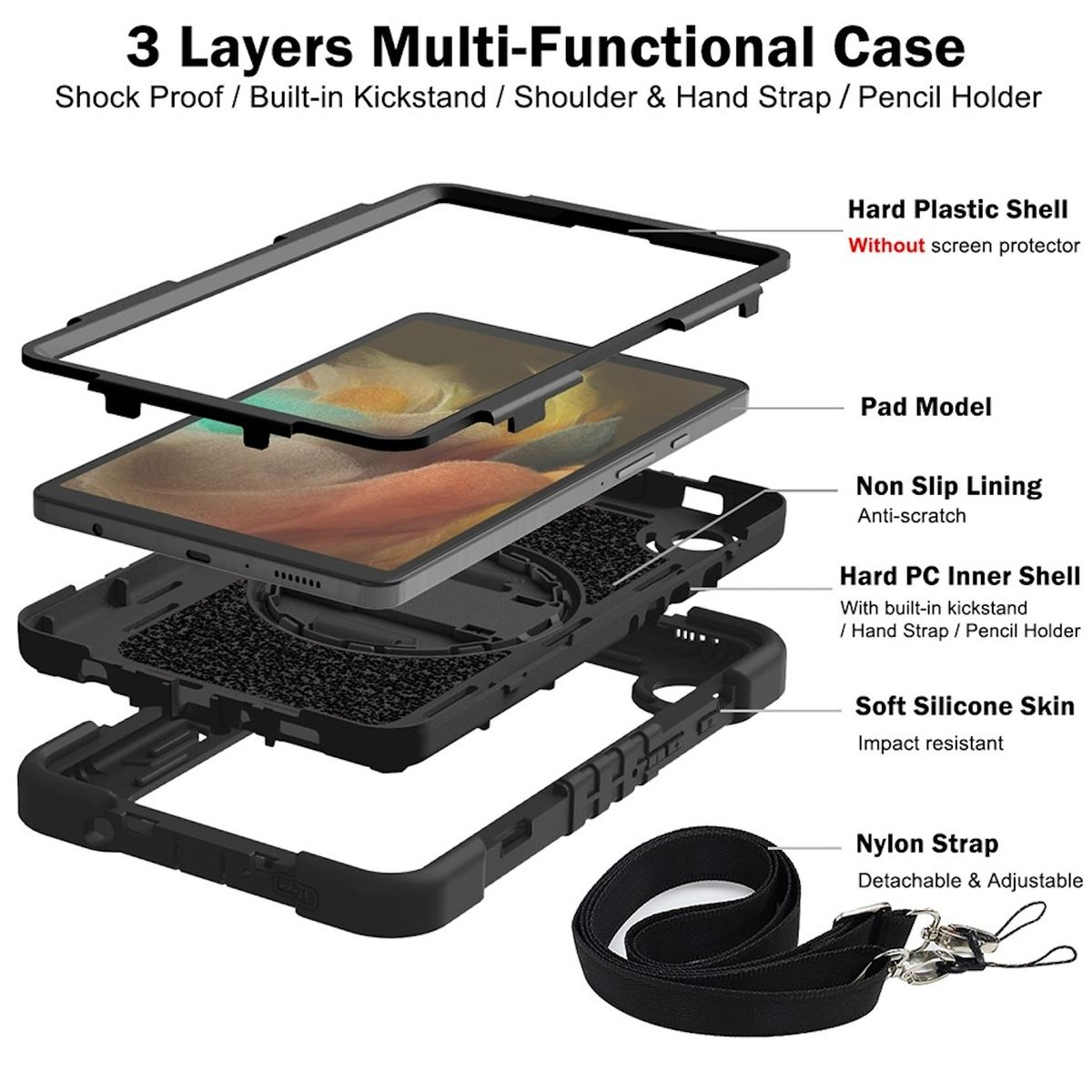 Backcover Hybrid 360 Grad / für Tasche WIGENTO Schwarz Kunststoff Silikon, Outdoor mit Tablethülle Samsung Halte-Schlaufe aufstellbar
