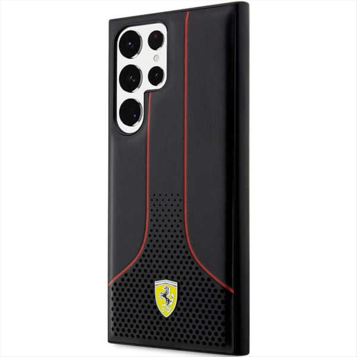 Schwarze Handyhülle mit rotem Streifendesign und Ferrari-Logo, mit mehreren Kameraausschnitten.
