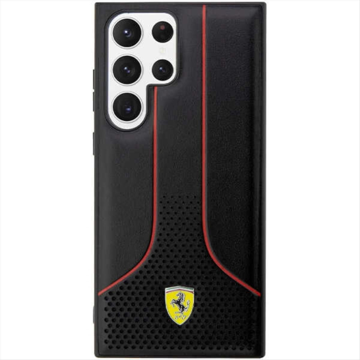 Eine schwarze Handyhülle mit rotem Streifendesign und Ferrari-Logo. Sie hat einen Kameraausschnitt mit mehreren Linsen.