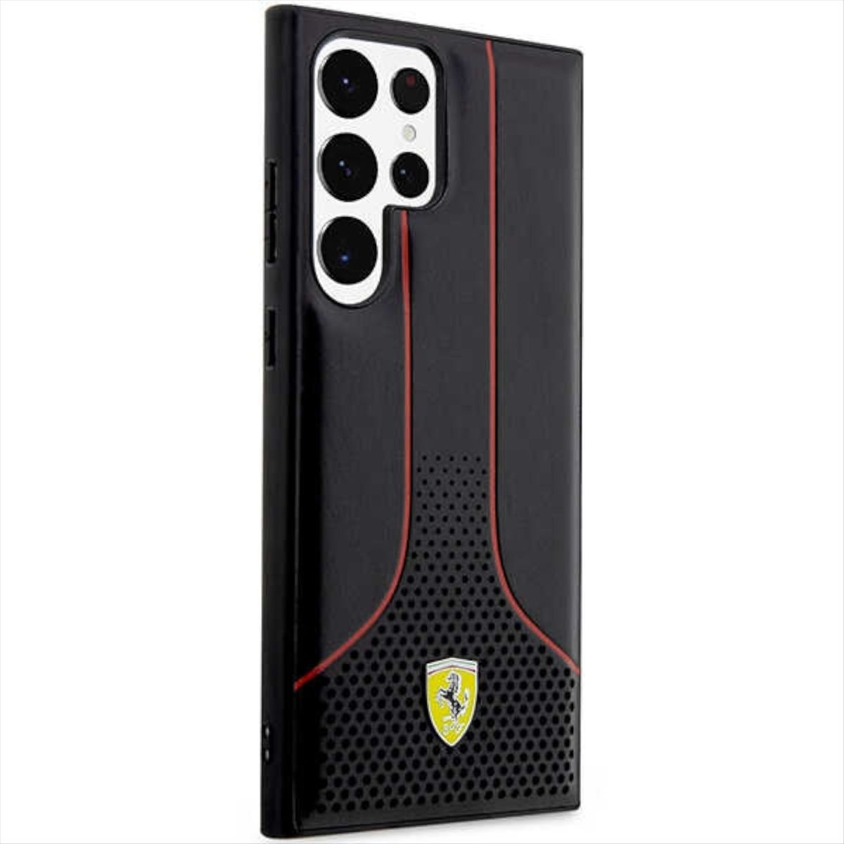 Schwarze Handyhülle mit roten Streifen, Ferrari-Logo und Kameraausschnitt.