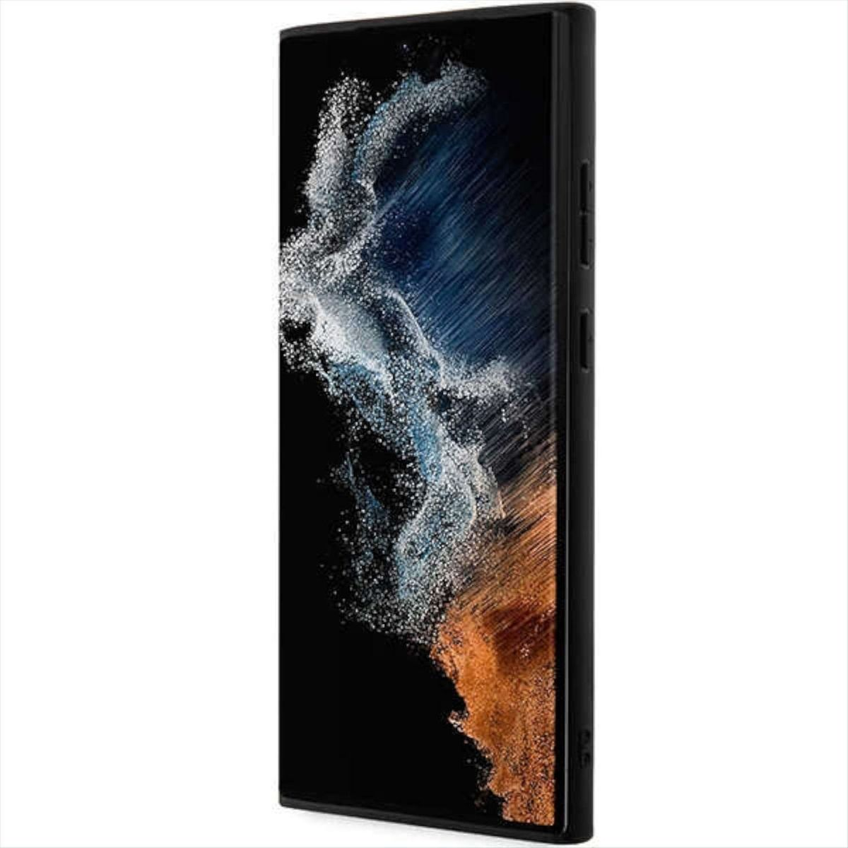 Ein schwarzes Smartphone, von der Seite betrachtet. Der Bildschirm ist an, und der Hintergrund ist weiß.
