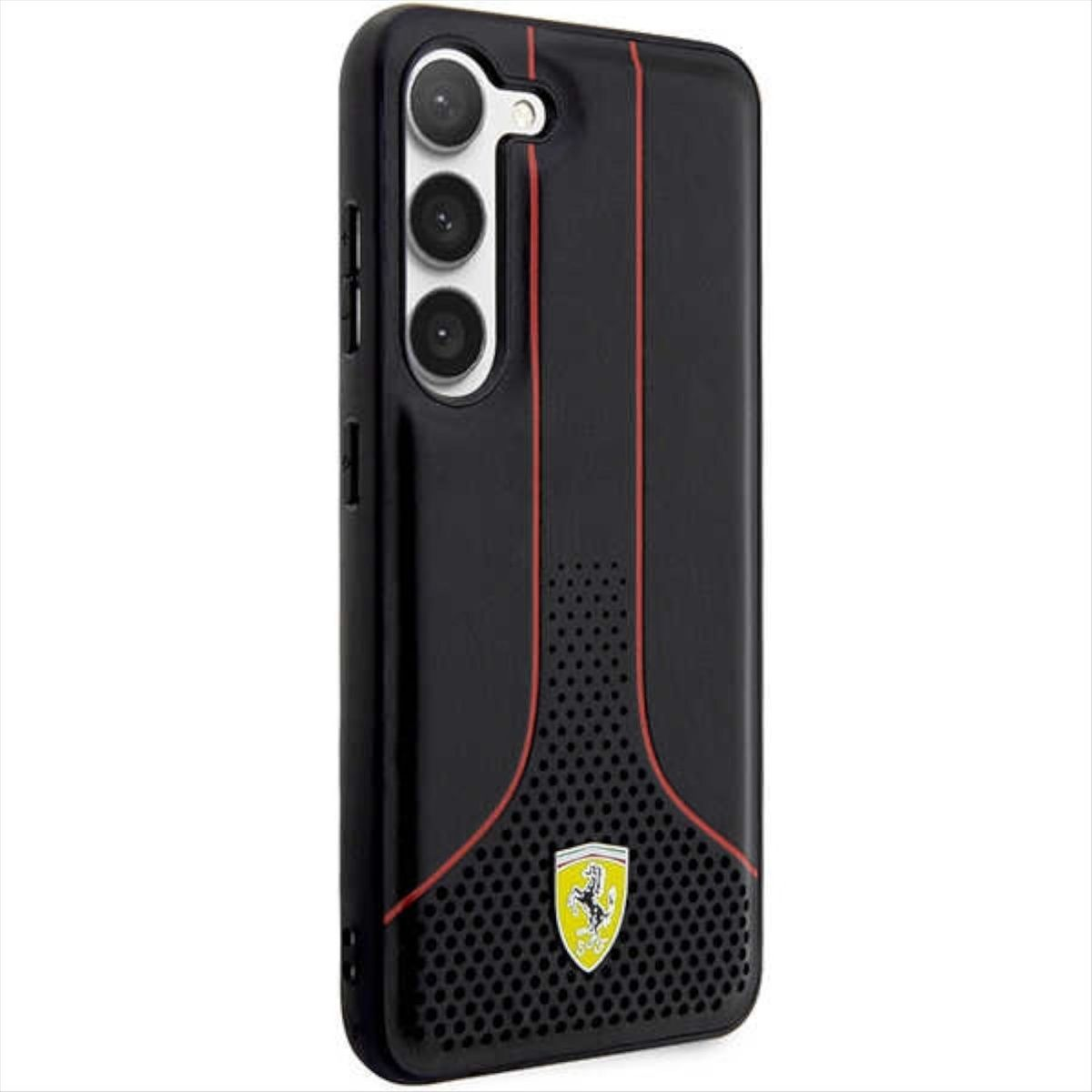 Custodia per telefono nera con strisce rosse e logo Ferrari giallo.