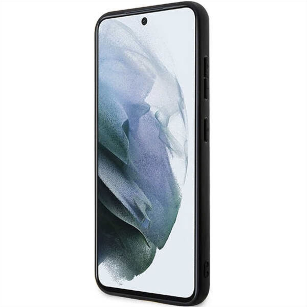 Uno smartphone nero, vista laterale. Lo schermo è acceso, mostrando uno sfondo sfocato.