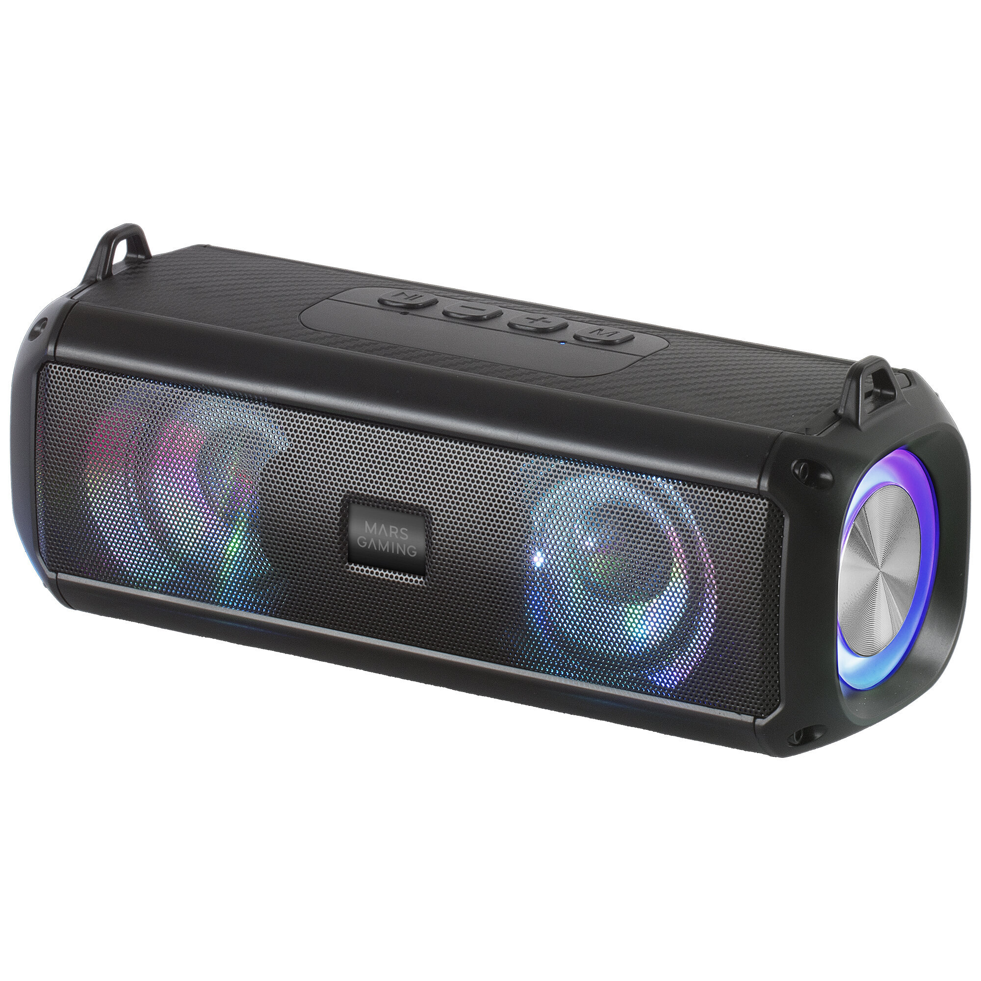 Czarny głośnik przenośny z siatkowym przodem, podświetlany kolorowymi światłami i oznaczony 'MARS GAMING'.