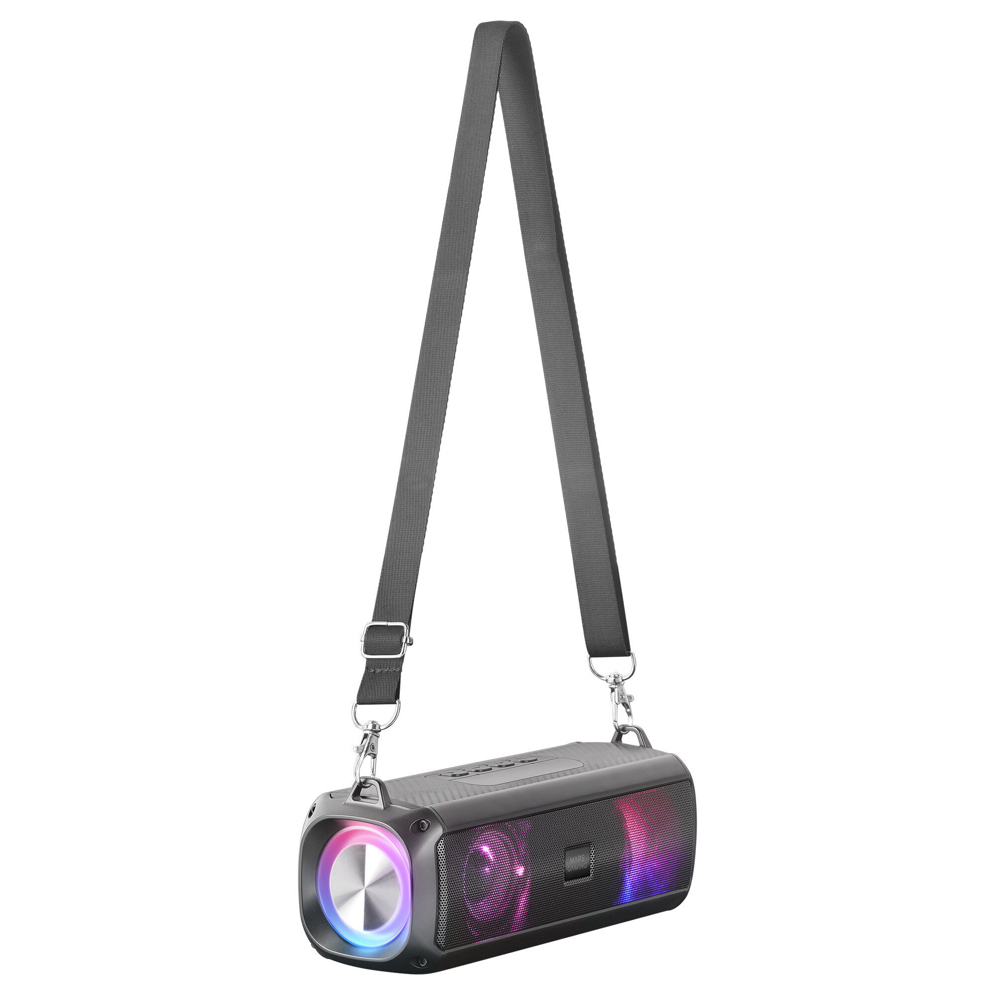 Czarny głośnik z paskiem. Światła z przodu. Białe tło.