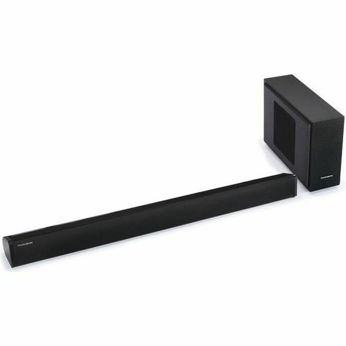 Czarny zestaw soundbar i subwoofer. Marka to Thomson.