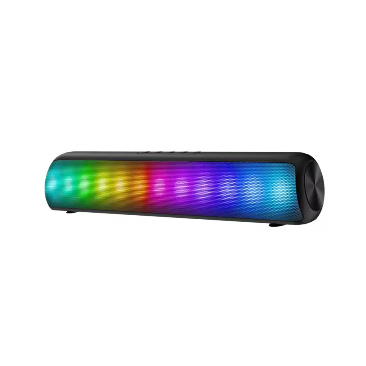 Un altavoz negro con una tira de luz de colores del arcoíris, sobre fondo blanco.