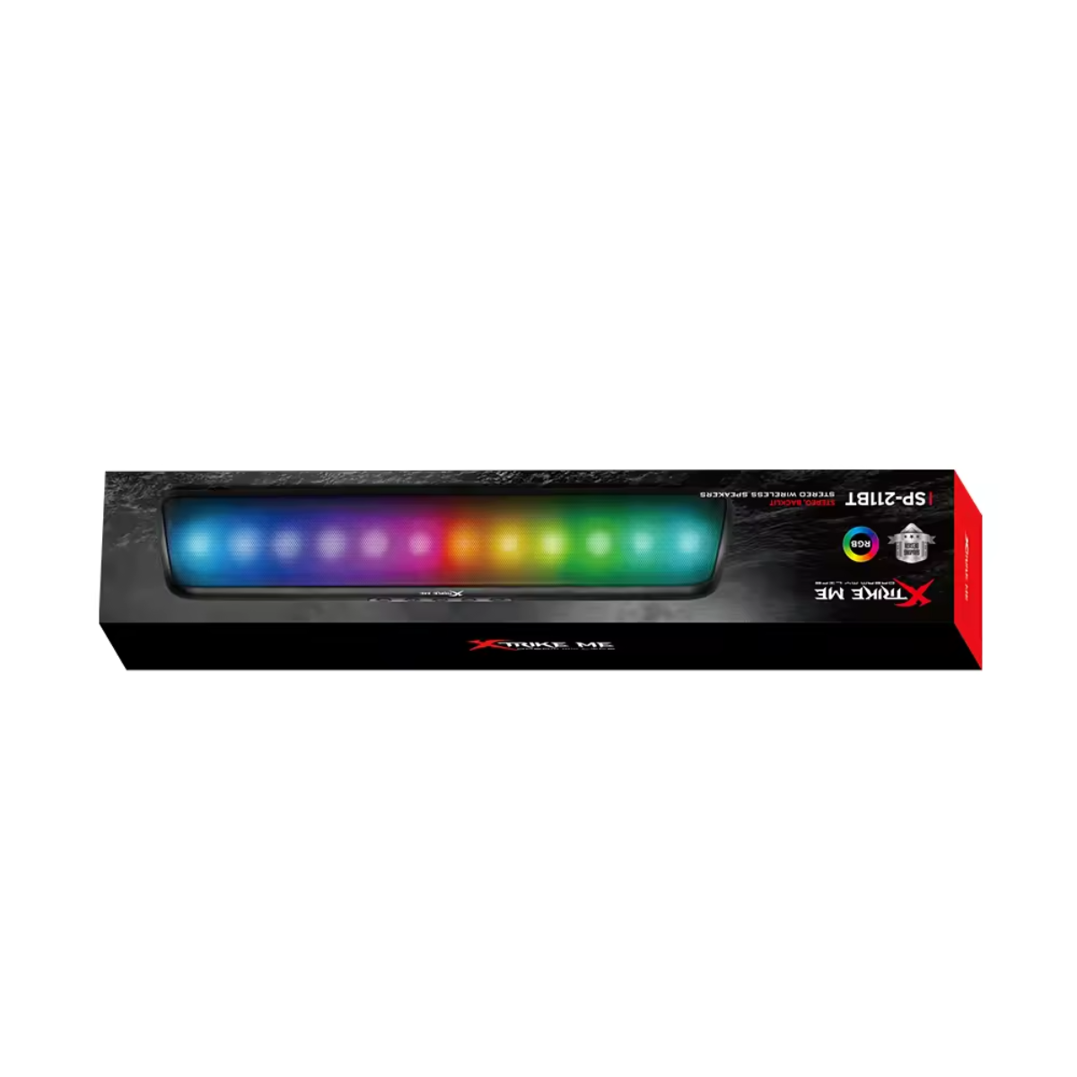Barra de sonido negra con iluminación RGB y texto 'STRIKE ME' sobre fondo blanco.